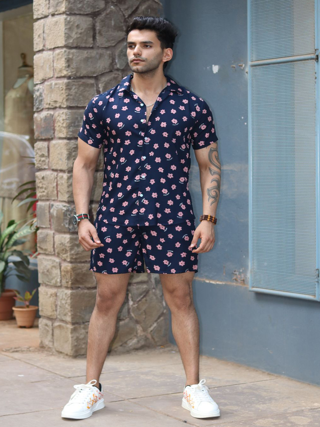 GRITSTONES Men Pink Floral Navy Co-Ords