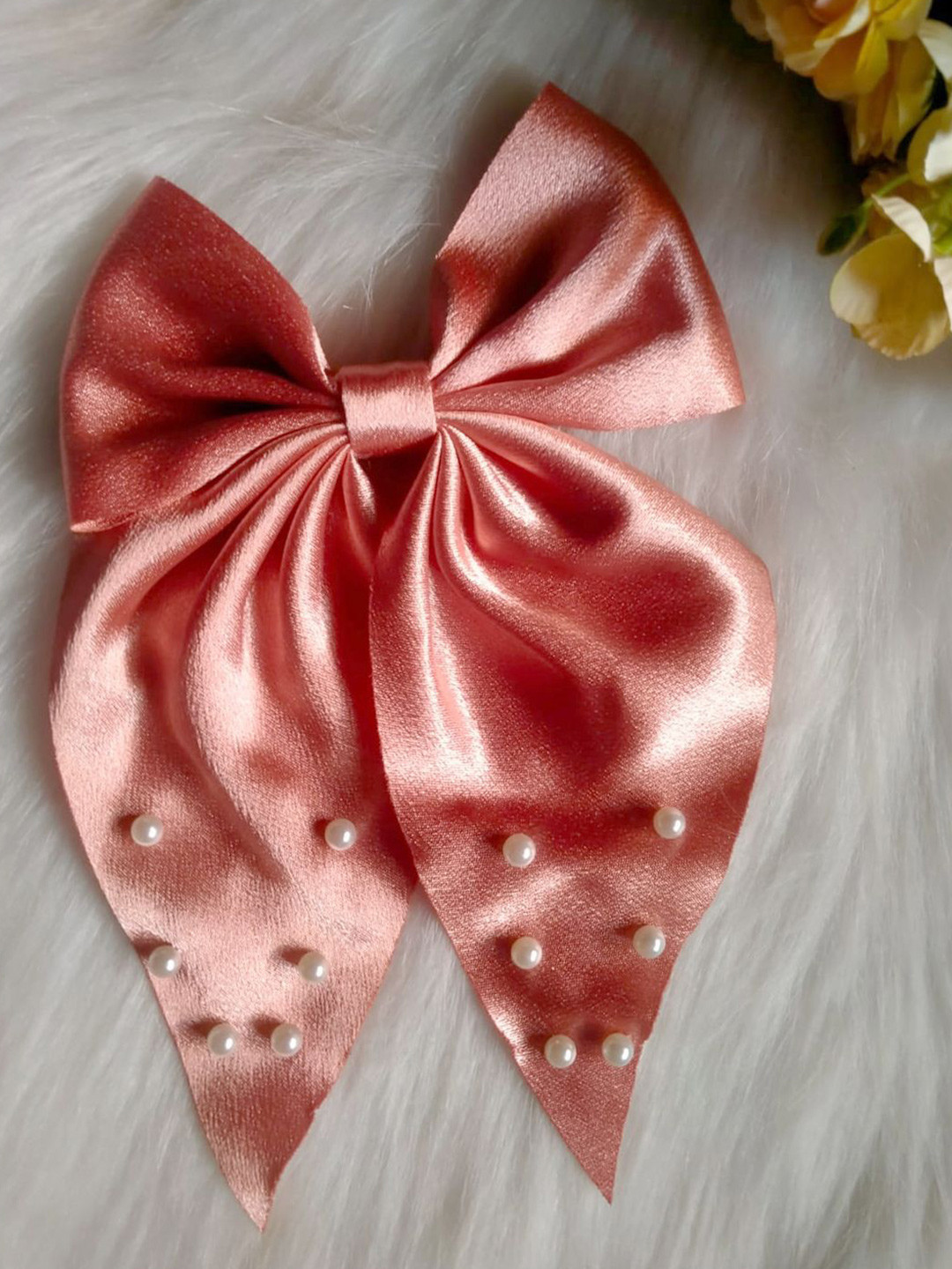 LYKAA Set of 1 Peach Large Satin Hair Bow with Pearls