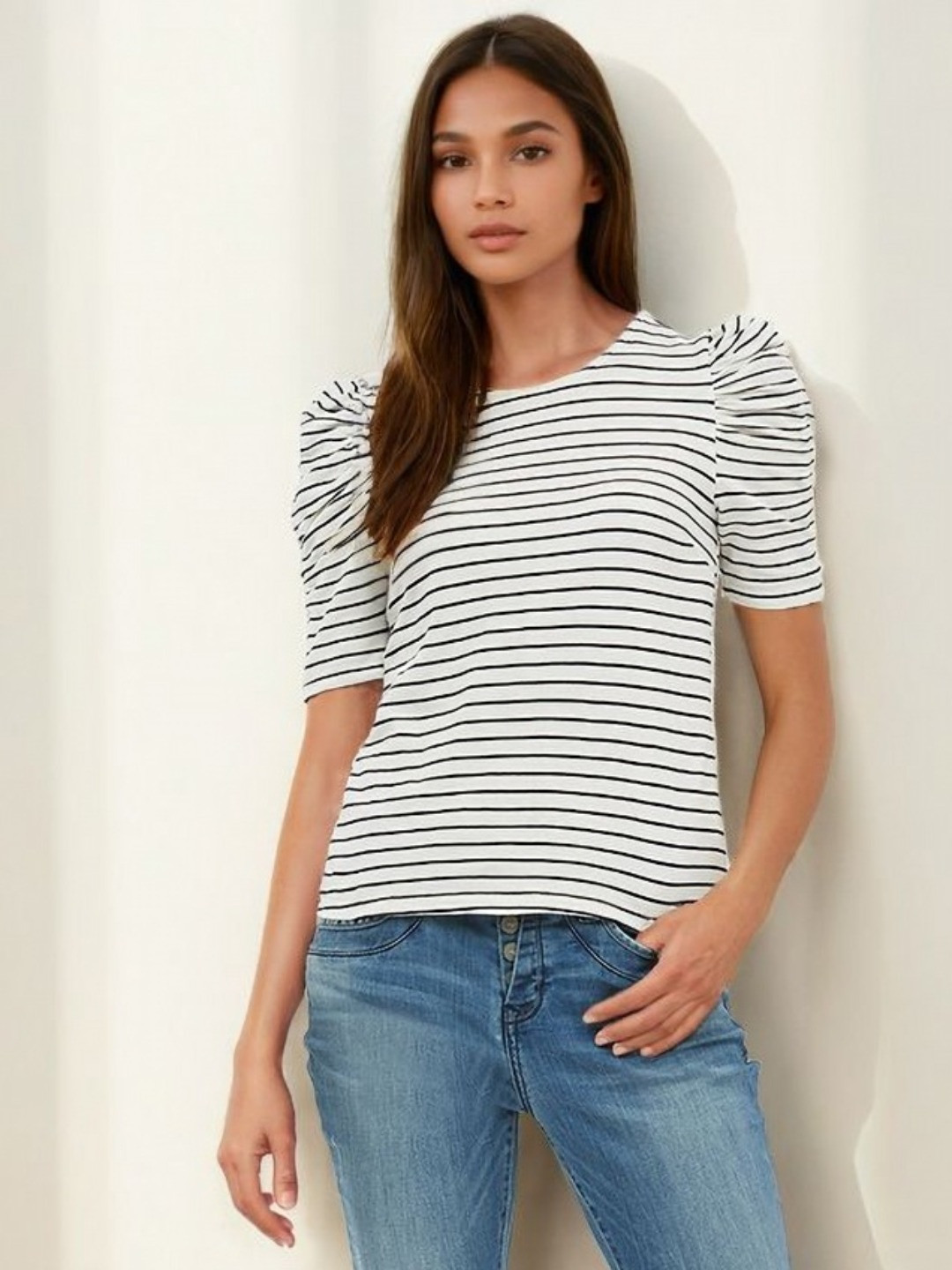 Stylecast X Slyck Striped Pattern Round Neck Puff Sleeves Tshirt