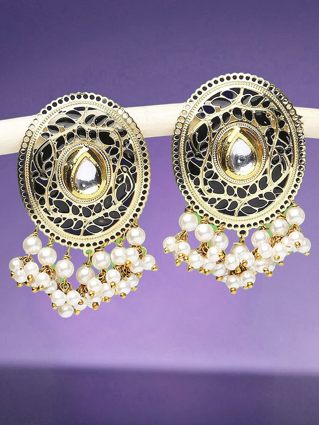 OOMPH Kundan Studded And Beaded Meenakari Oval Shaped Studs