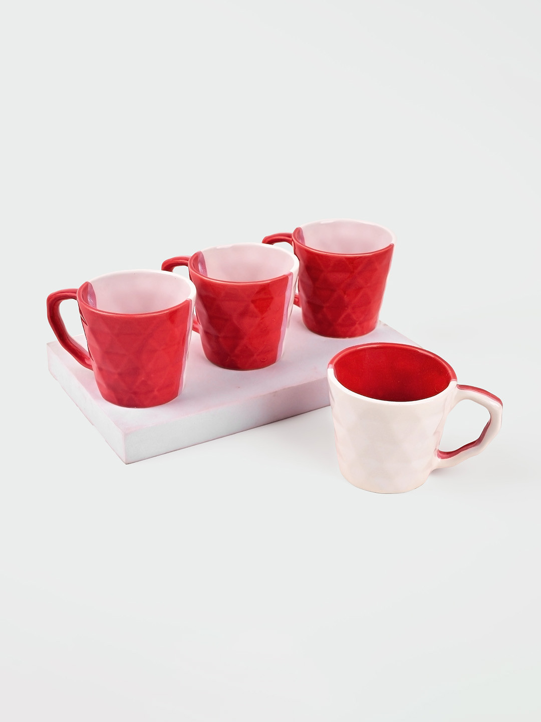 Storepedia Candy Striped Design Maroon Colour Block Ceramic Handmade 4 Piece Cups-150ml