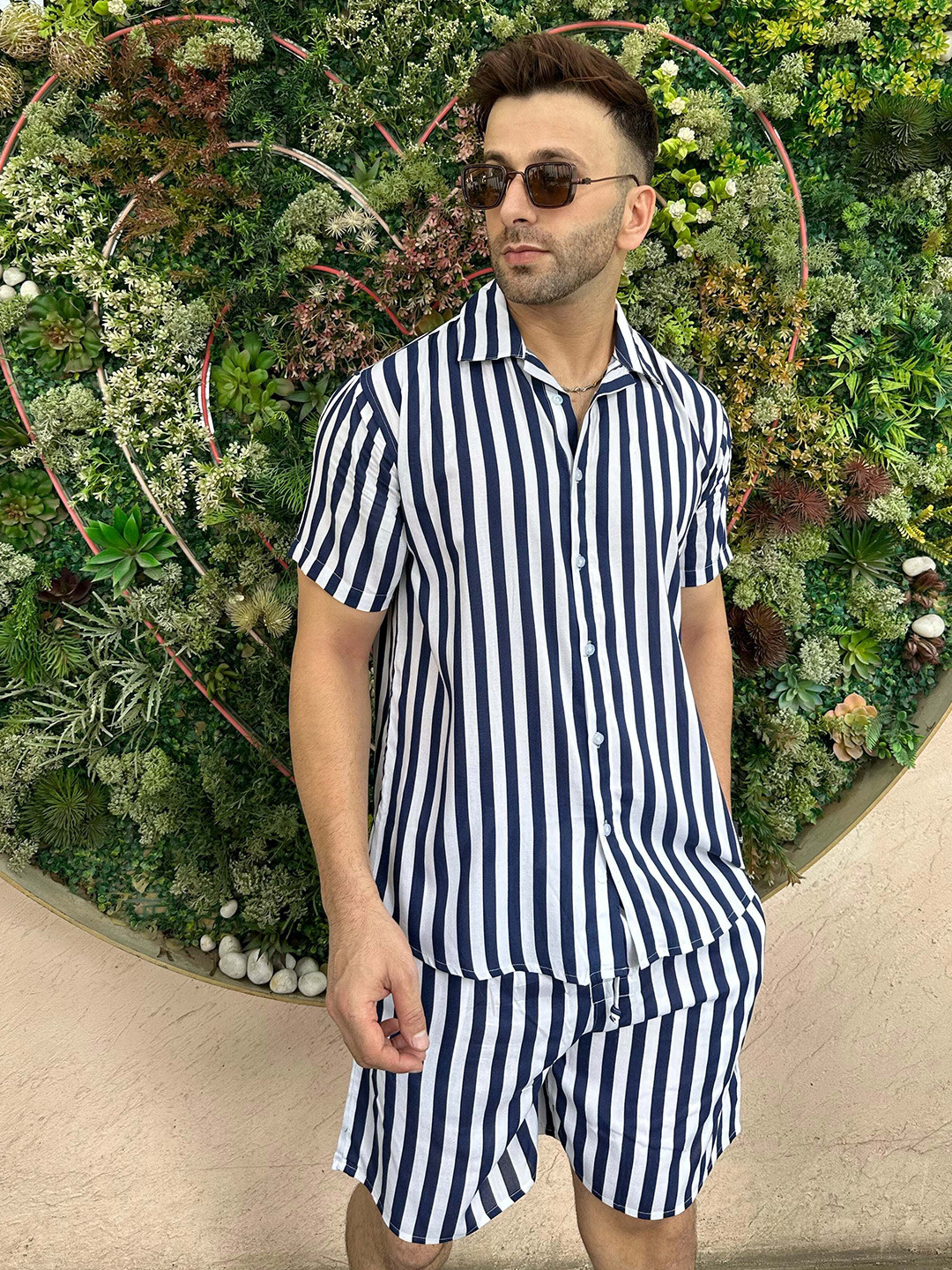 GRITSTONES Men Navy Stripe Rayon Co-Ords