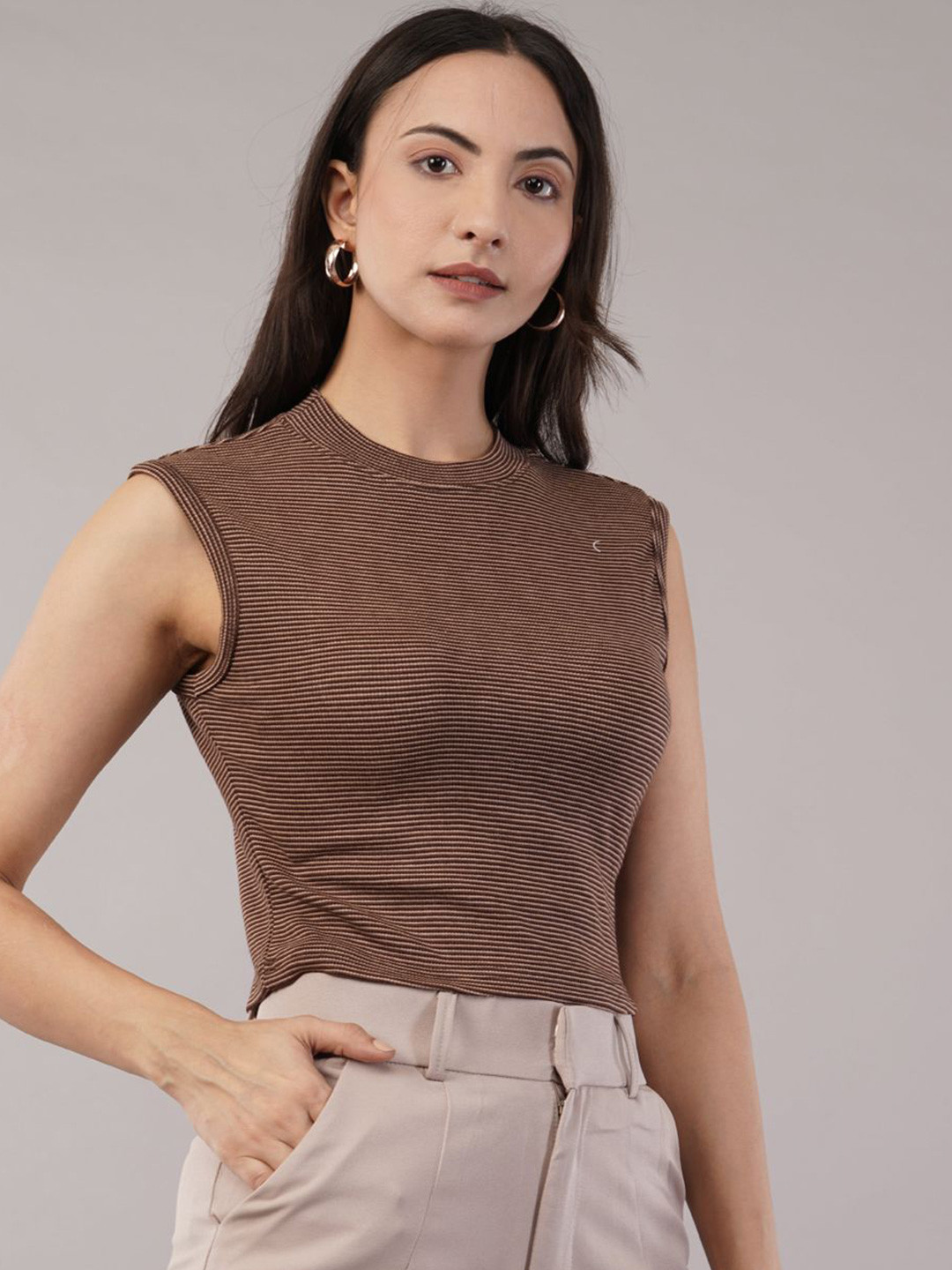 ANBICH DESIGNS Striped High Neck Sleeveless Tank Crop Top