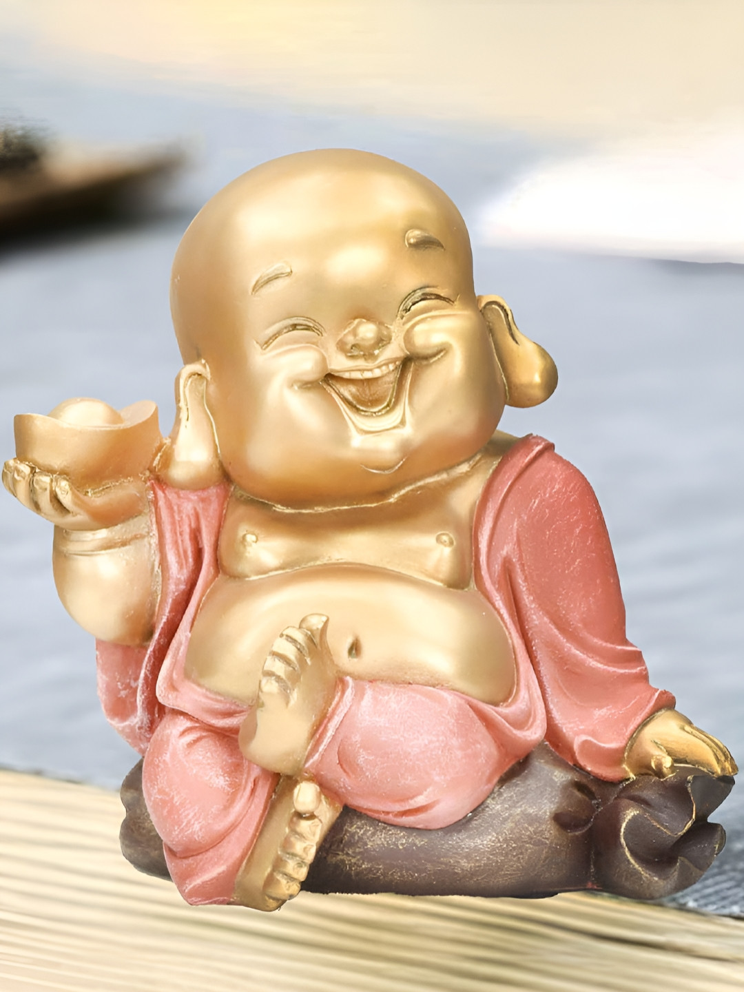 Royaloak Sitting Smiling Monk Gold Polyresin Natural Prayer Room Small Showpiece - 7.6 Inches