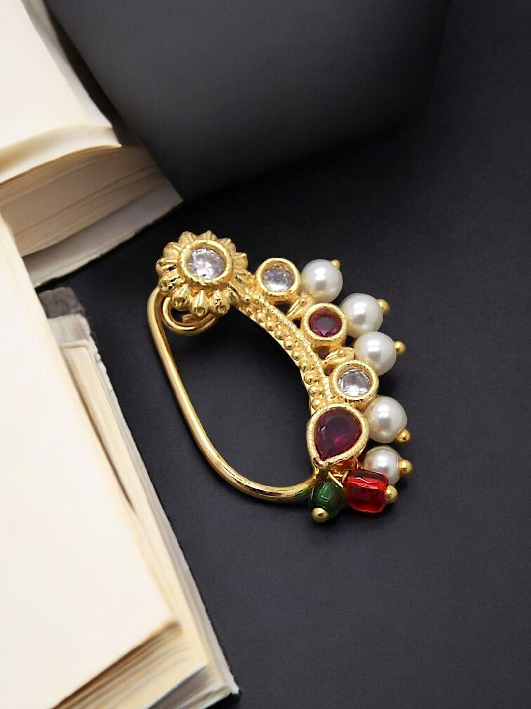 FEMMIBELLA Gold-Plated Artificial Stones and Beads Ring Nosepin