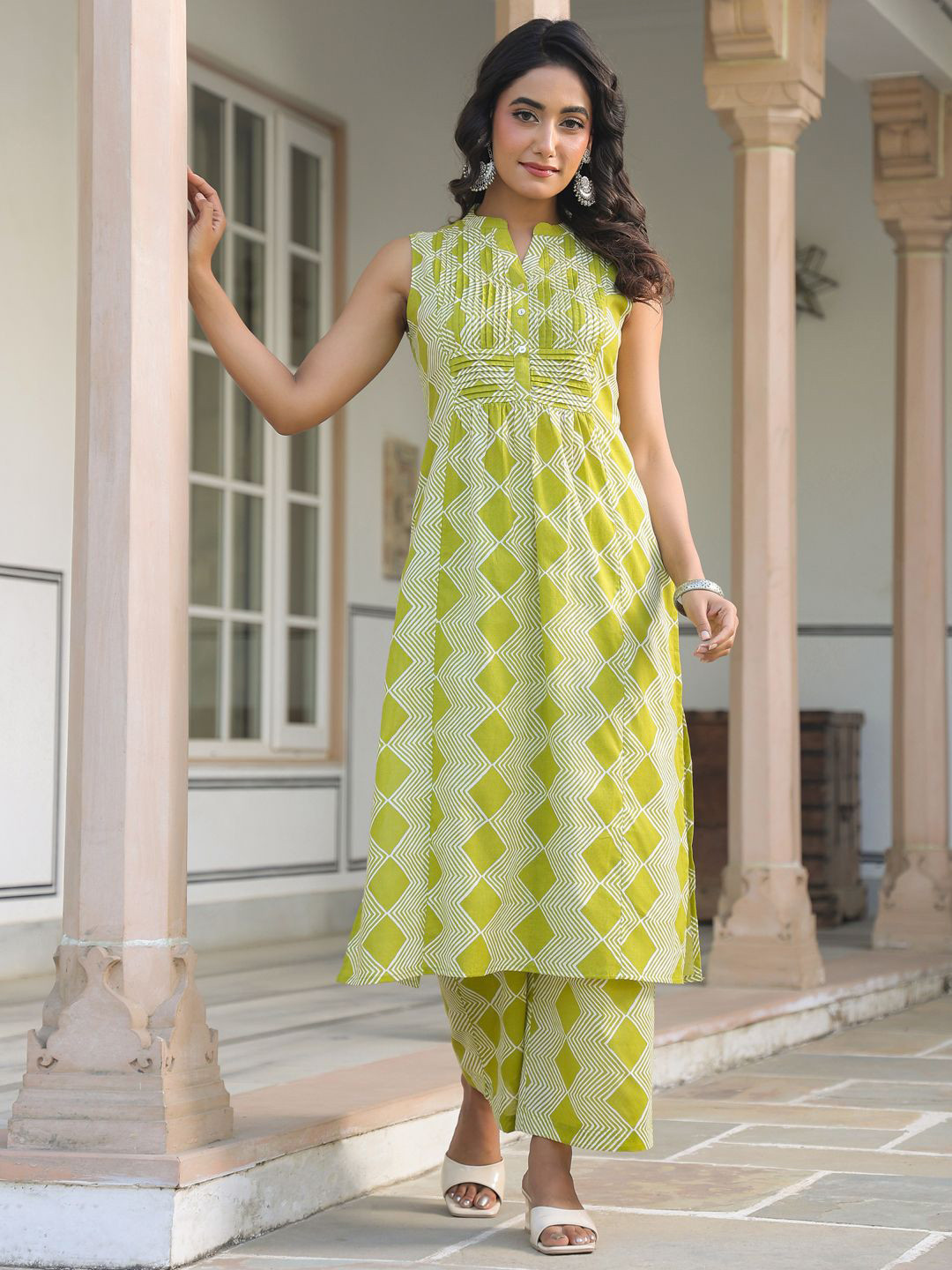 Janasya Women Lime Green Pure Cotton Geometric Printed A-line Kurta Pant Set