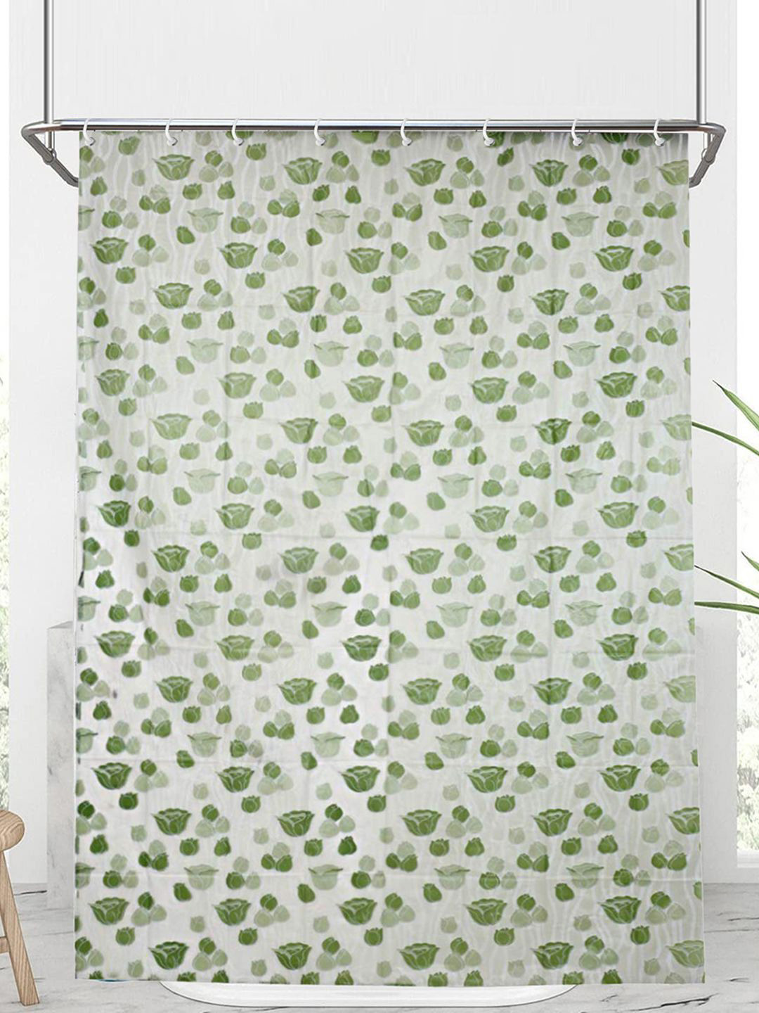 Kuber Industries Set of 2 Green Flower Print Pvc Shower Curtains With Hooks