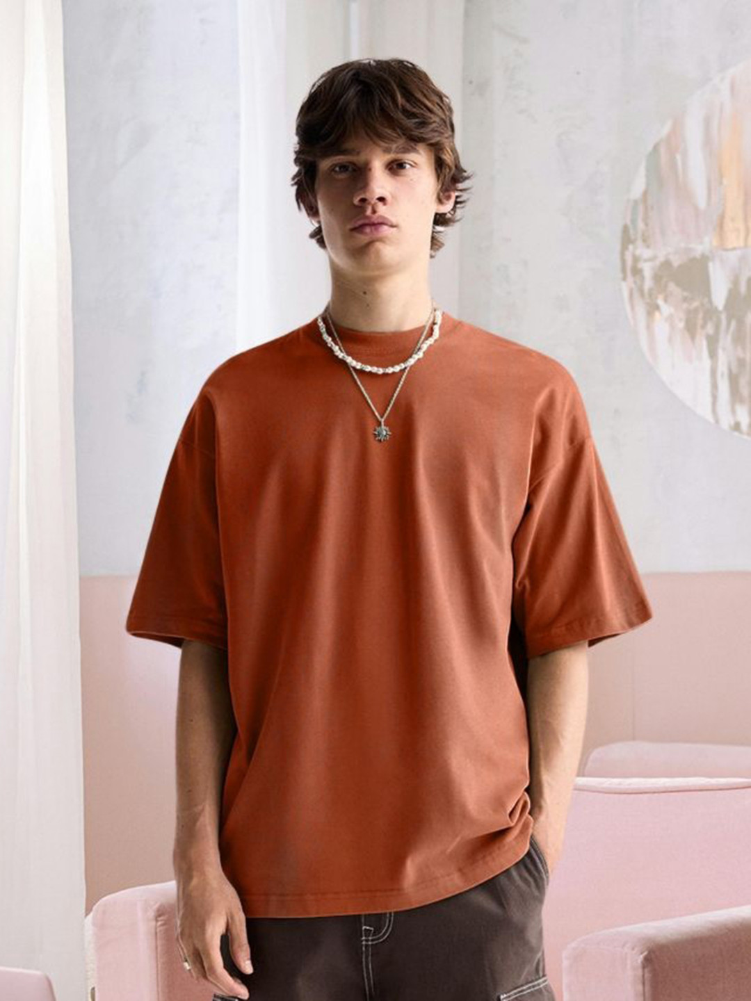 PRONK Men Solid Round Neck Oversized V-Neck T-shirt