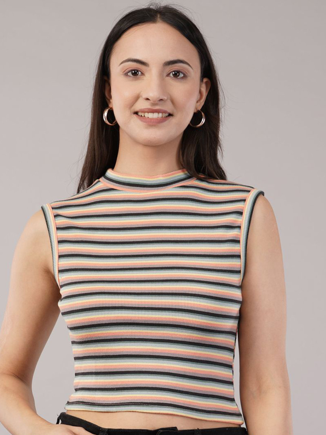 ANBICH DESIGNS Striped High Neck Sleeveless Tank Crop Top