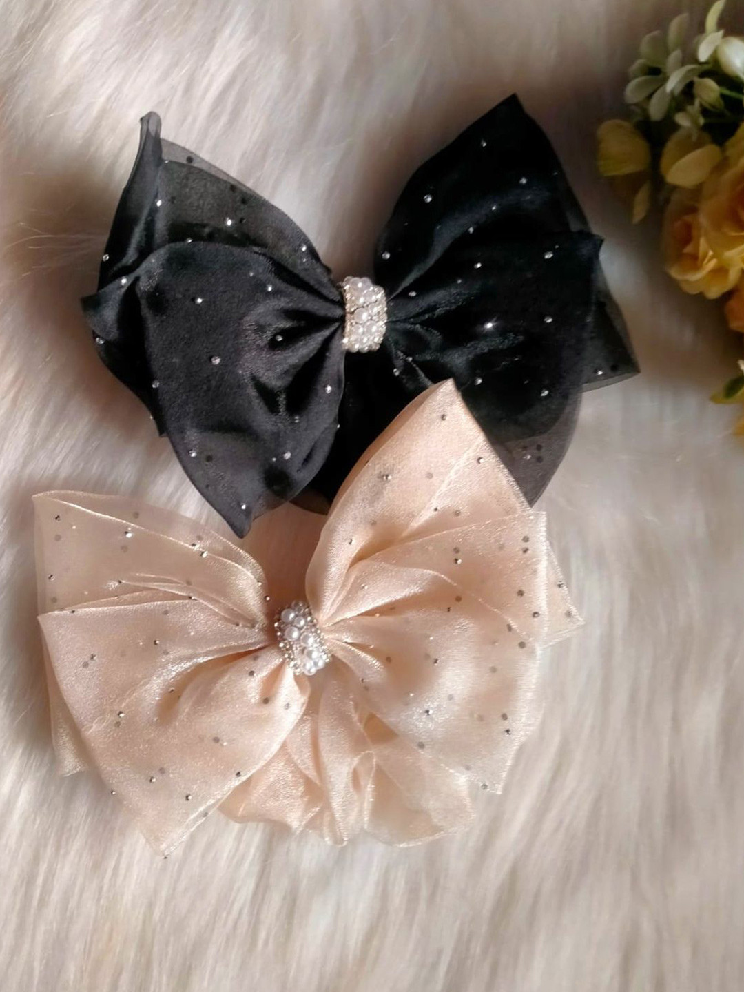 LYKAA Set of 2 Black & Off White Stylish Hair Bows with Rhinestones