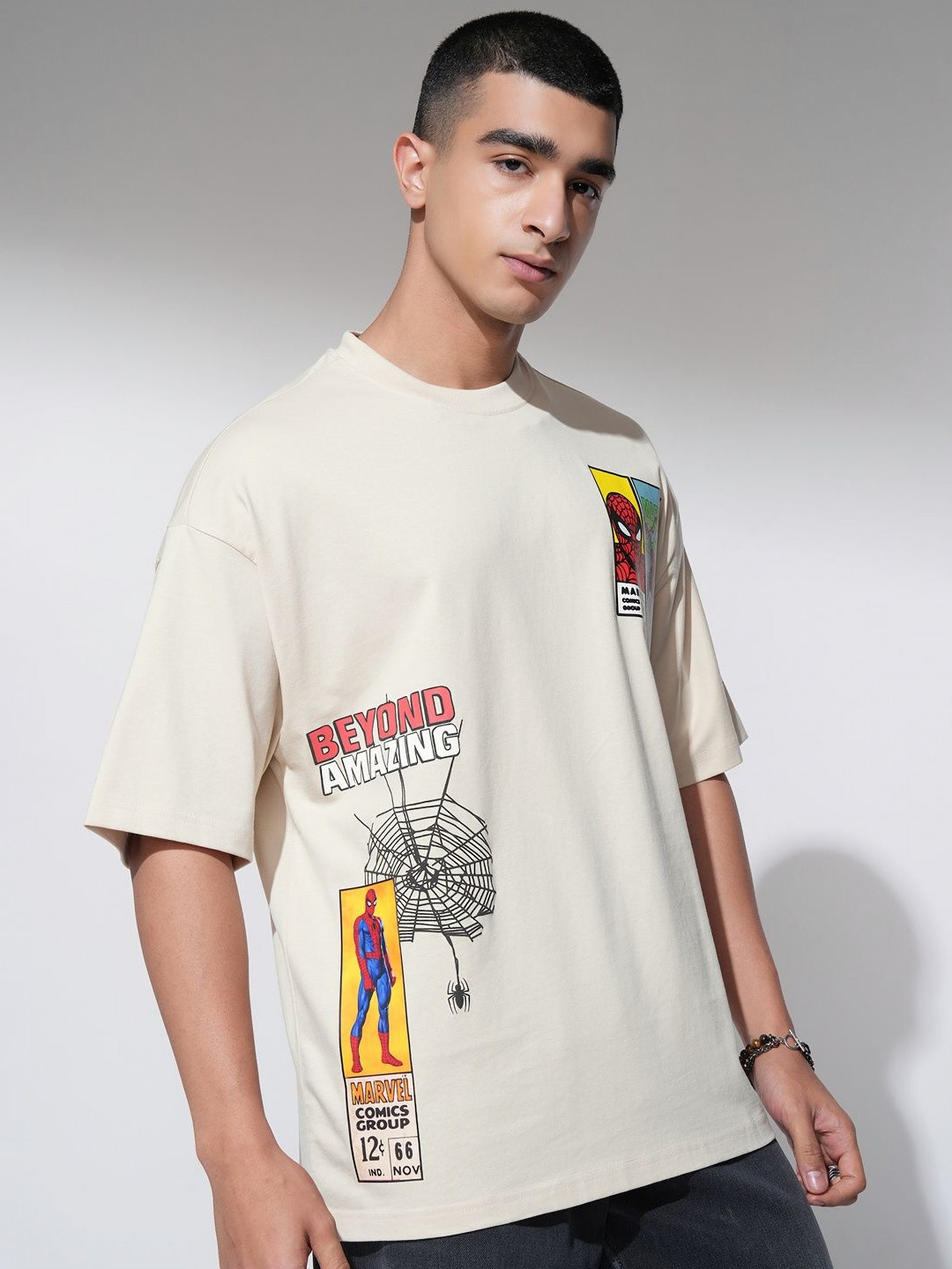 HIGHLANDER Marvel Spiderman Men Cream Round Neck Drop Shoulder Graphic Oversized Tshirt