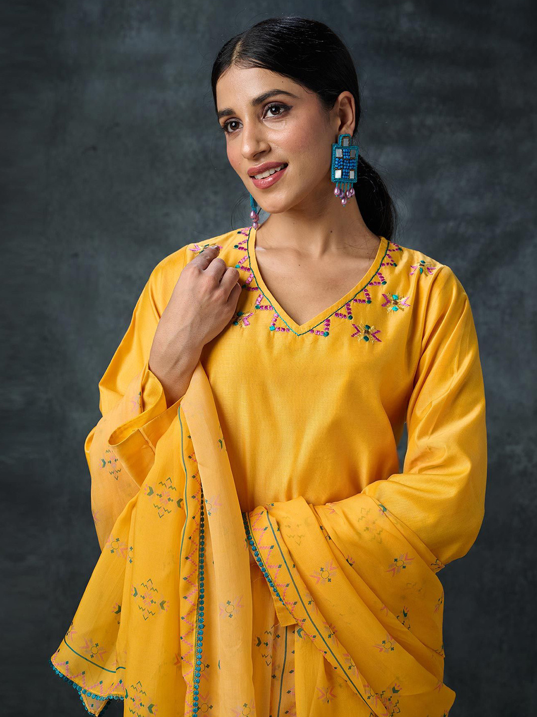 Phulkari Forever Floral Yoke Design V-Neck Phulkari Chanderi Silk Straight Kurta