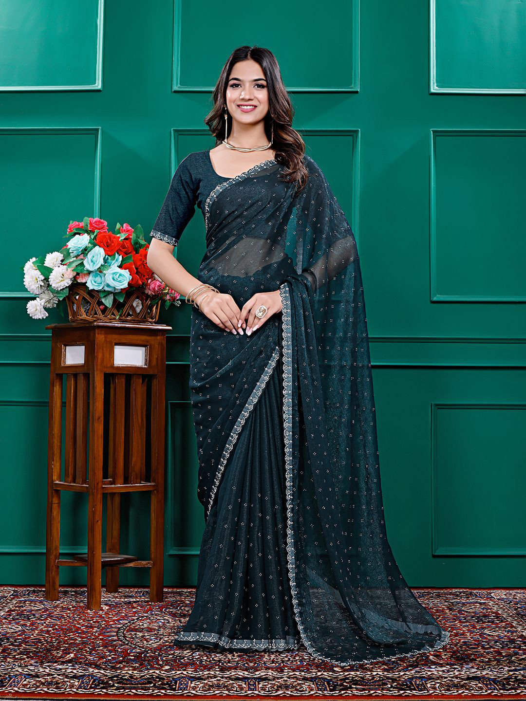Pionex Poly Chiffon Heavy Work Saree