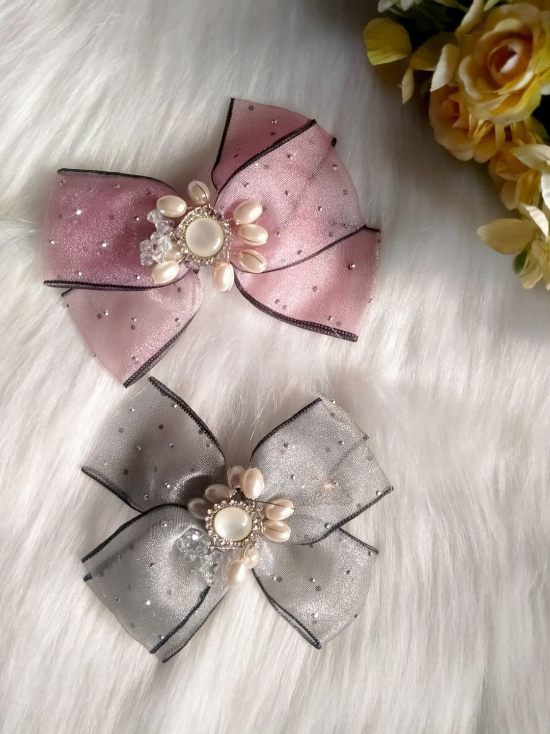 LYKAA Set of 2 Stylish Pearl Bow Clips Color may vary