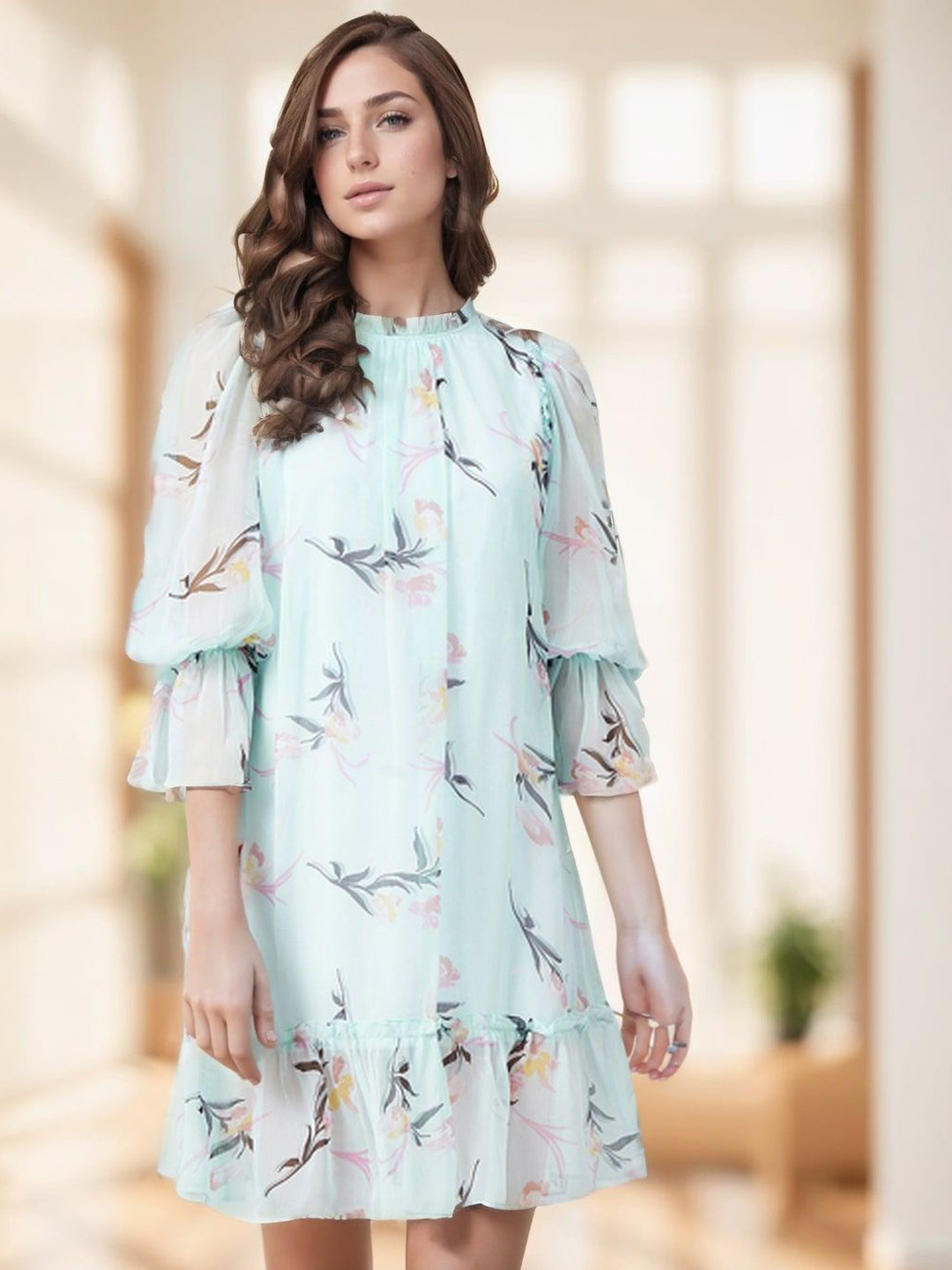 Athena Unapologetic Floral Print Puff Sleeve Ruffled Chiffon A-Line Dress