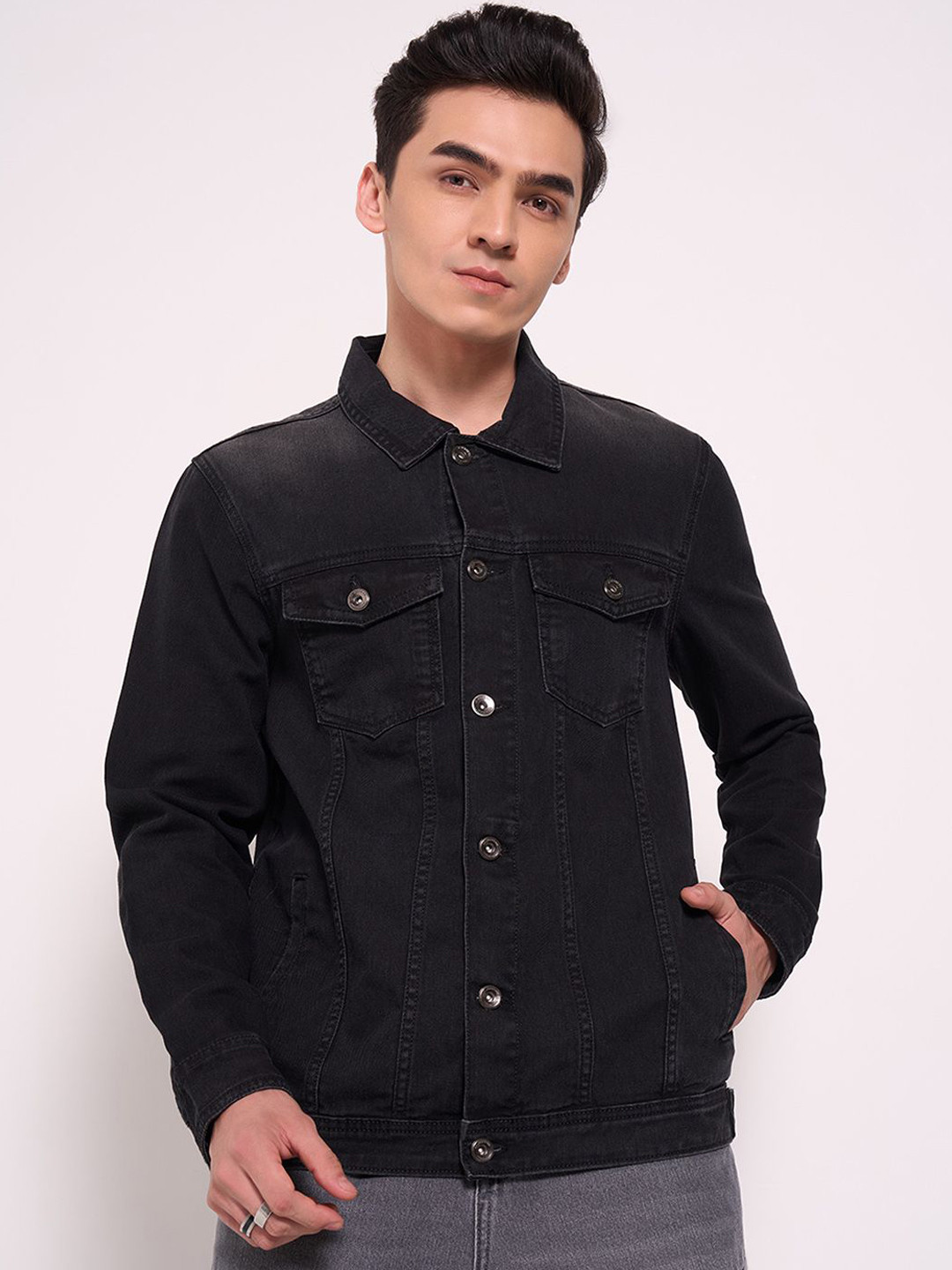 SF JEANS by Pantaloons Men Washed Crop Denim Jacket with Patchwork