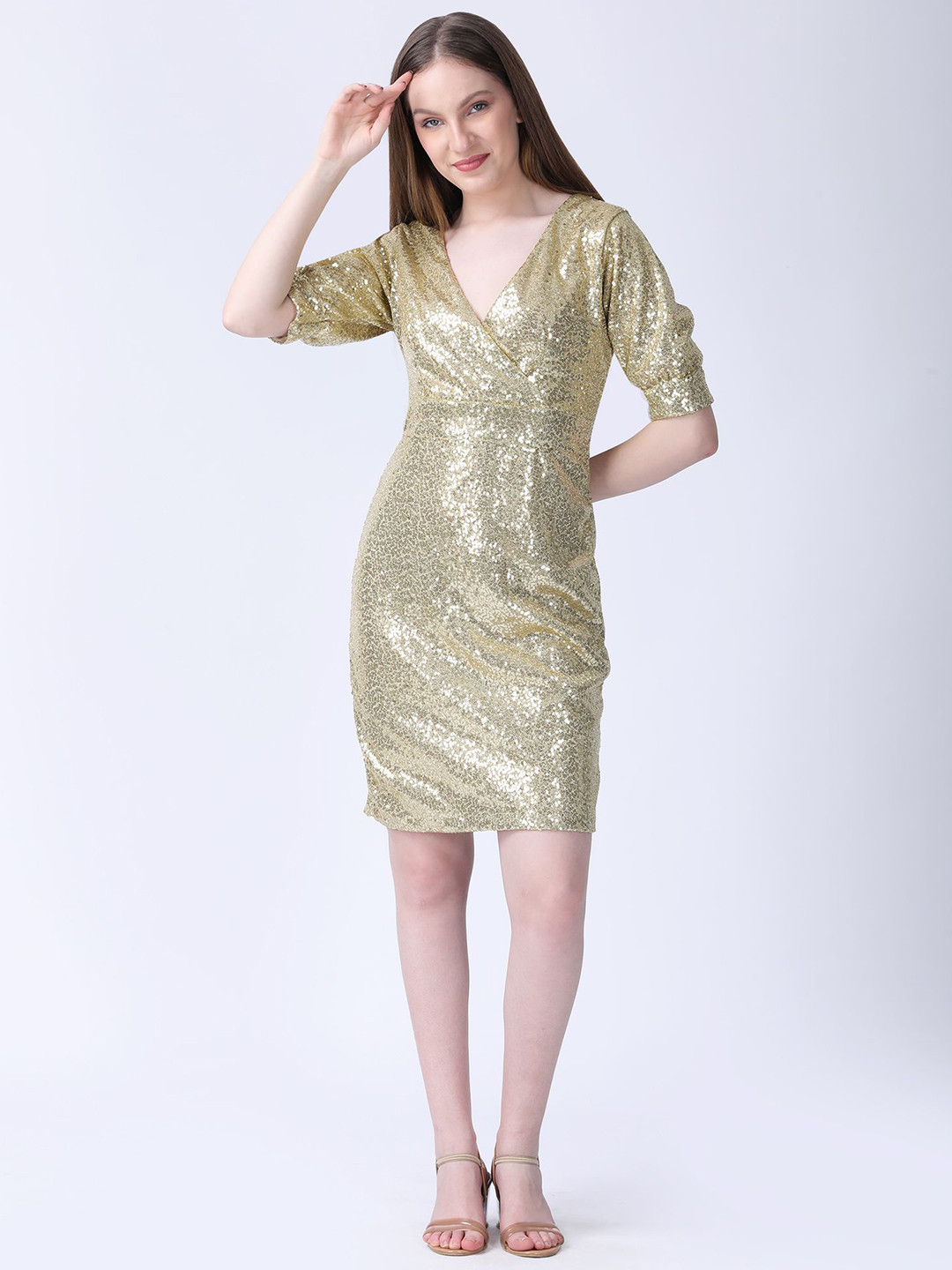 Gold-Toned Embellished Sheath Dress with V-Neck