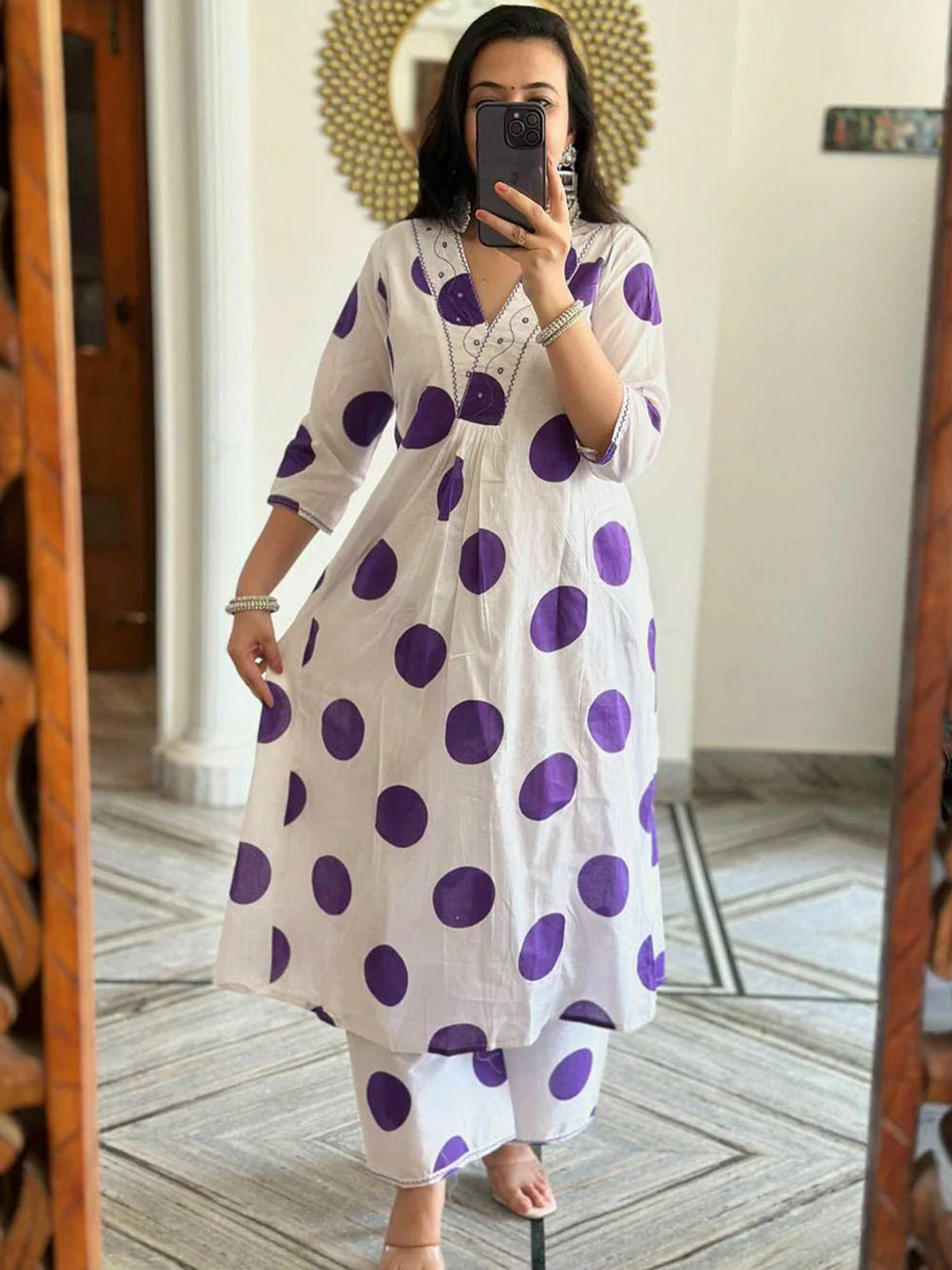 hirangana Women Printed Regular Mirror Work Kurta with Palazzos