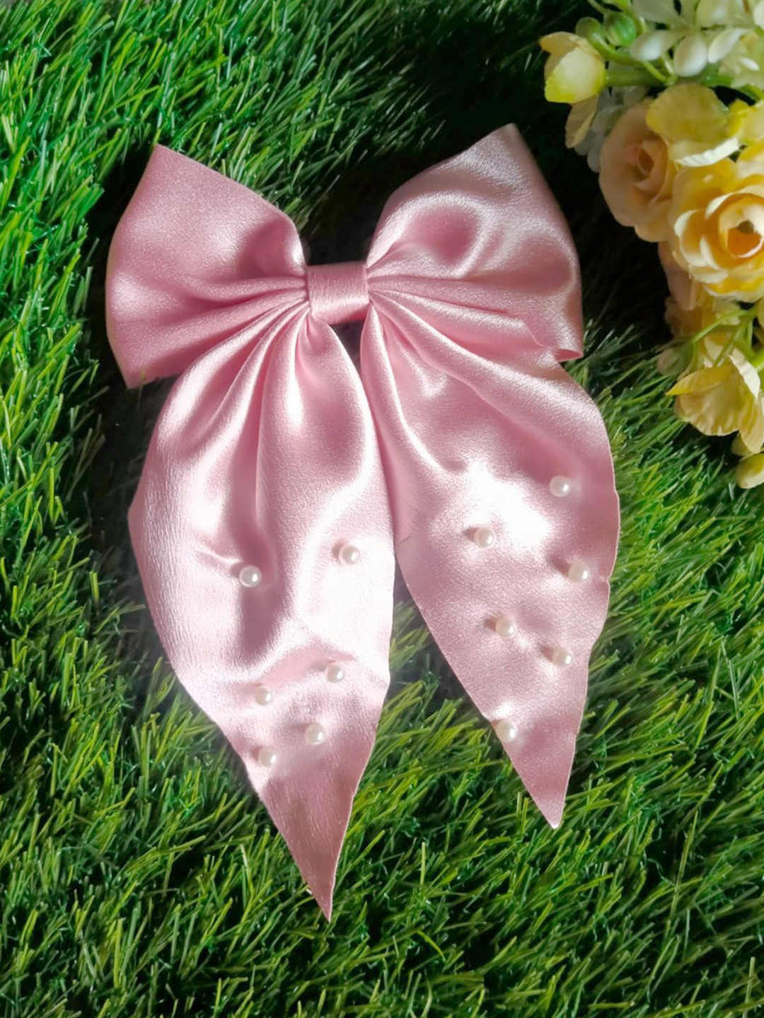 LYKAA Set of 1 Pink Large Satin Hair Bow with Pearls