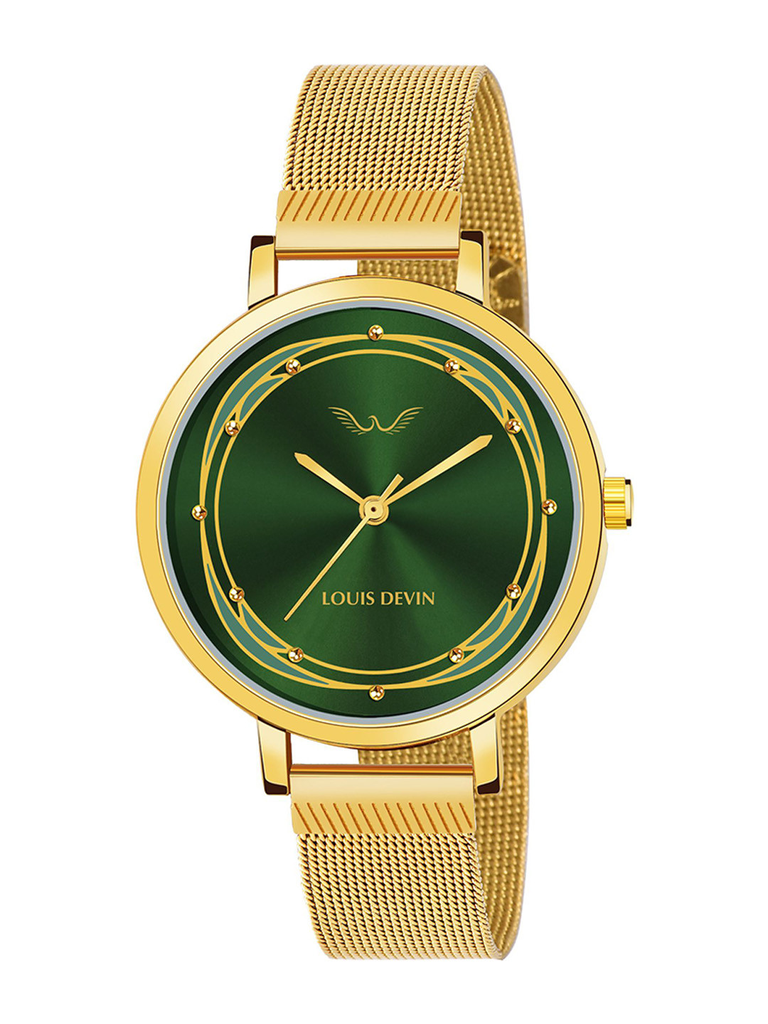 LOUIS DEVIN Women Brass Printed Dial & Bracelet Style Straps Analogue Watch LD-GLD171-GRNGLD