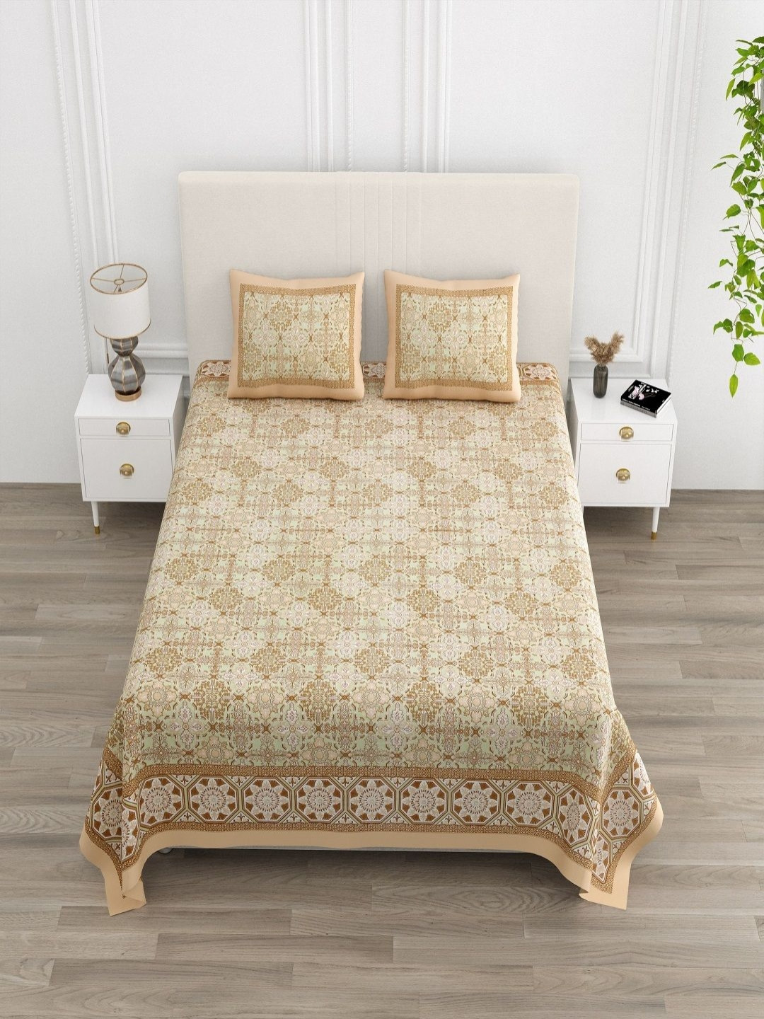CHICERY Royal Mocha Beige Floral Cotton 210 TC King Fine Bedsheet with 2 Pillow Covers-90 x 108 inches
