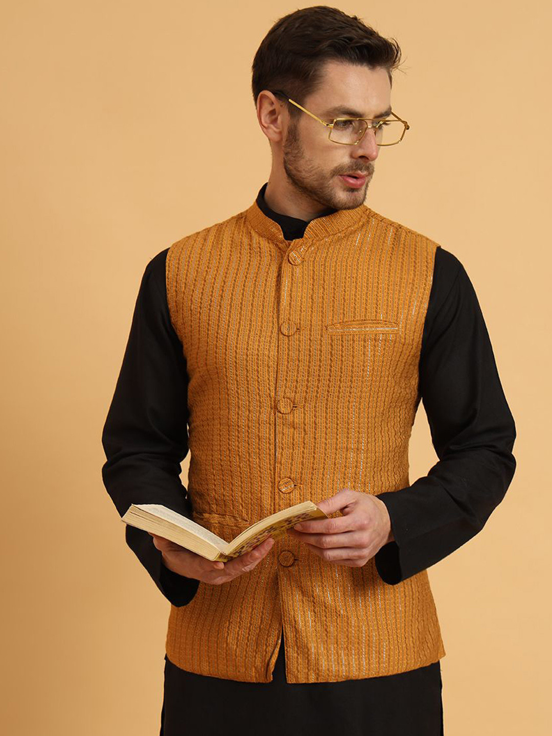 Aspriya Mandarian Collar Woven Design Nehru Jackets