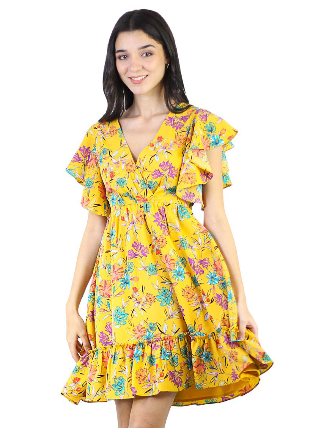 ARTYSKA Floral Print Flutter Sleeve Crepe Fit & Flare Dress