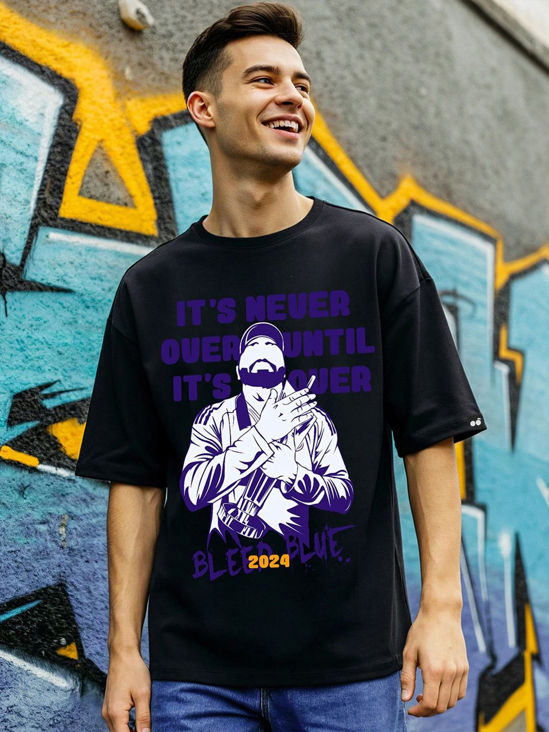 Bewakoof Men Black Team Blue Graphic Printed Oversized T-shirt