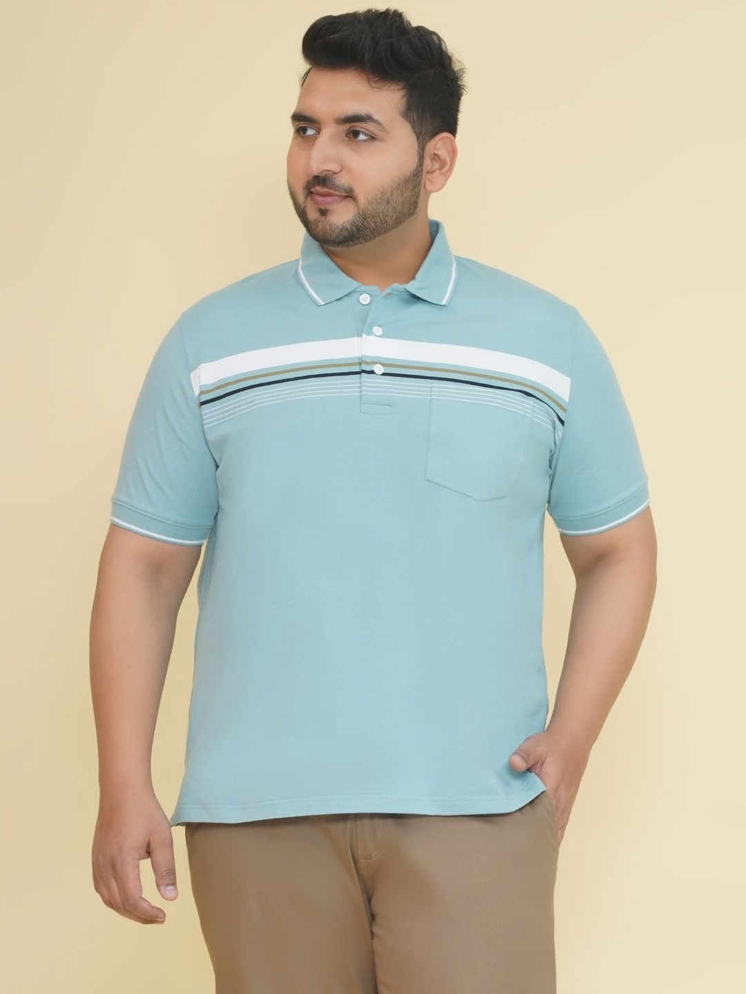 John Pride Plus Size Men Striped Polo Collar Pockets Strechable T-shirt