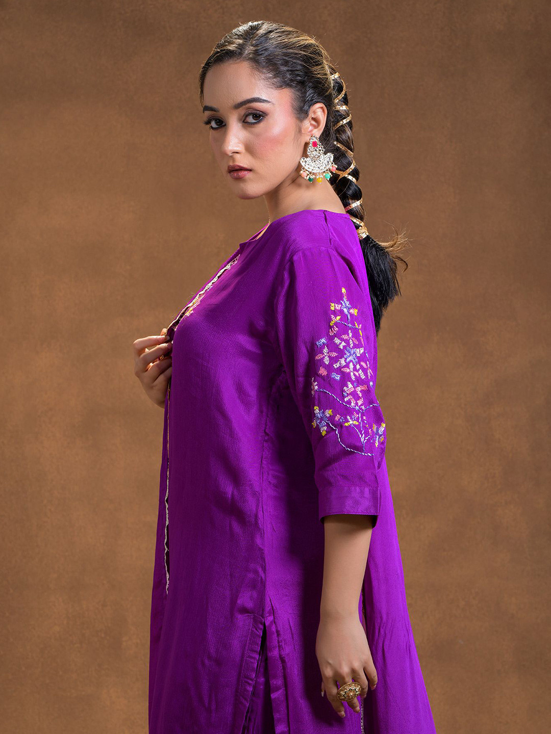 Phulkari Forever Geometric Yoke Design Notch Neck Phulkari Silk Straight Kurta