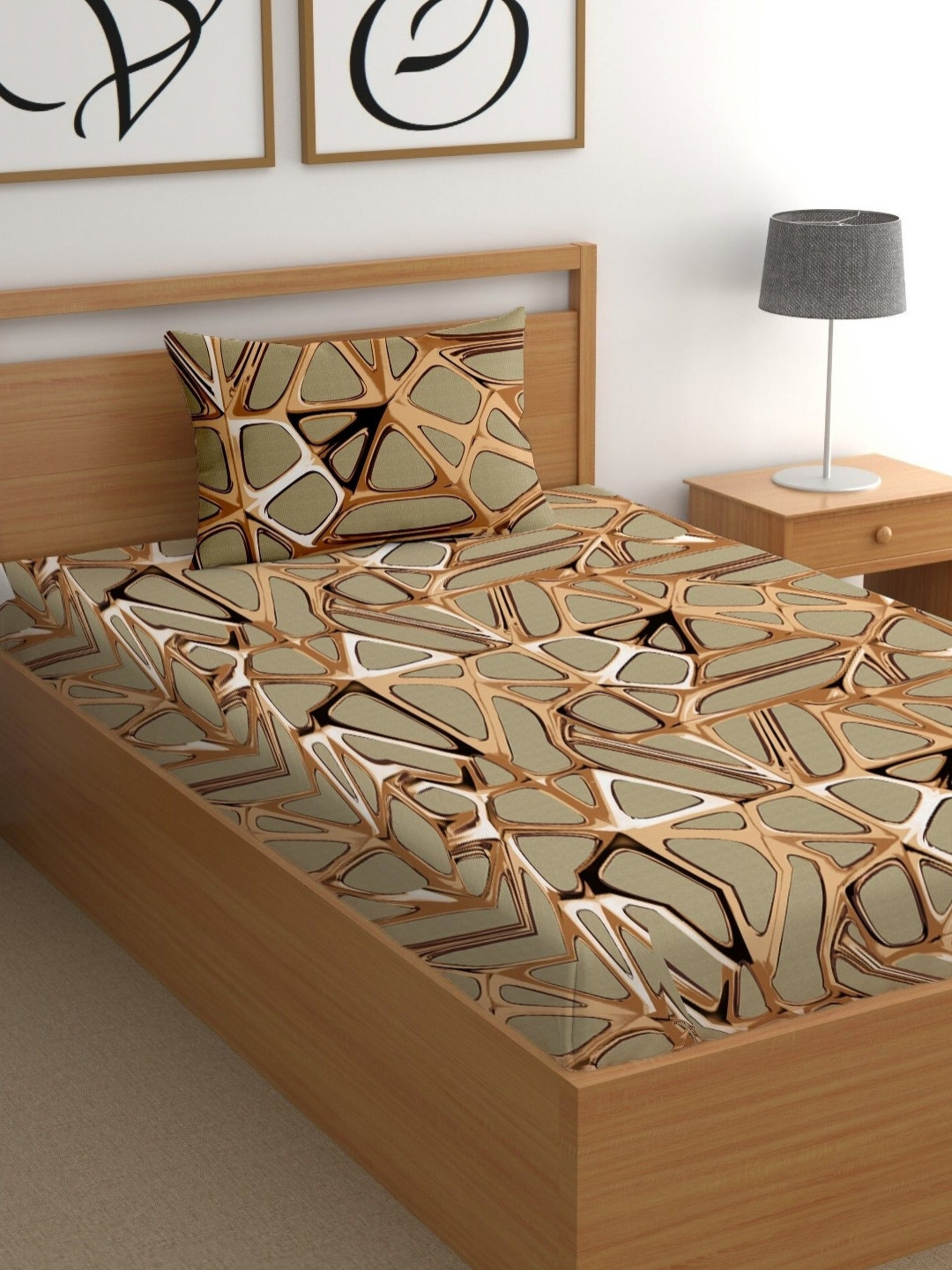 CG HOMES Gold Abstract Cotton 180 TC Fitted Single Bedsheet with a Pillow Cover-85 x 59 inches