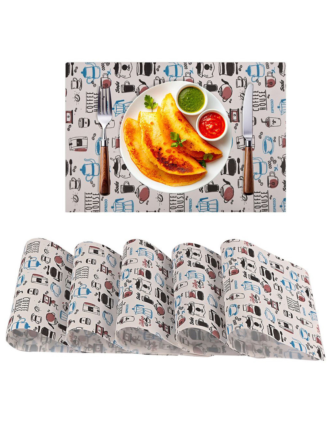 Kuber Industries 6-Pcs White & Red Coffee House Printed Anti-Slip Dining Table Placemats