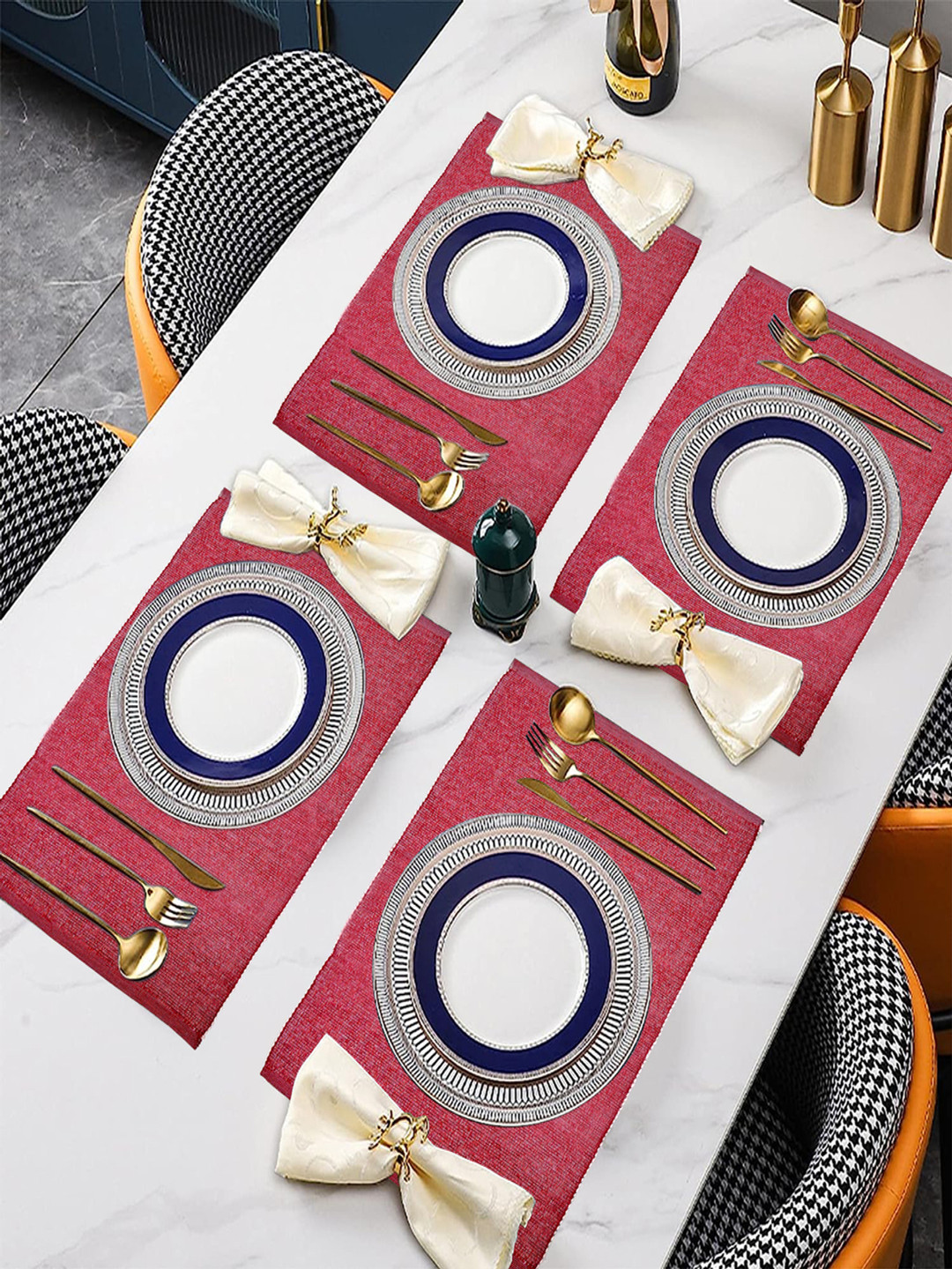 CASA-NEST 4-Pcs Red Ribbed Table Placemats