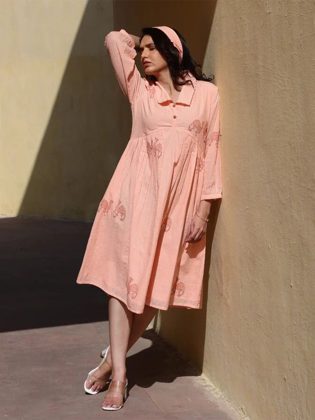 CUSTARD Peach Cotton Shirt Collar Midi Dress