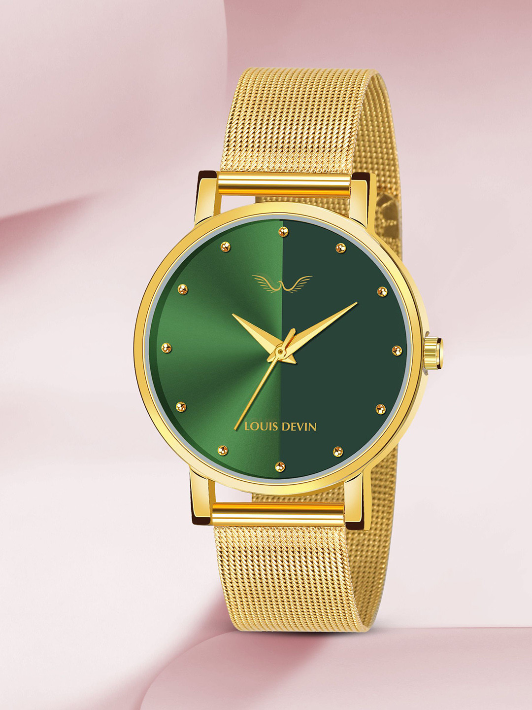 LOUIS DEVIN Women Brass Dial & Bracelet Style Straps Analogue Watch LD-GLD144-GRNGLD