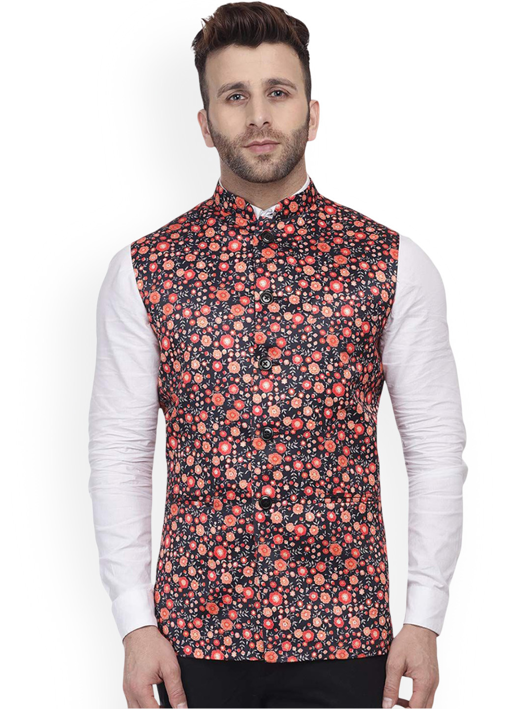 VEERA PARIDHAAN Satin Printed Mandarin Collar Nehru Jacket