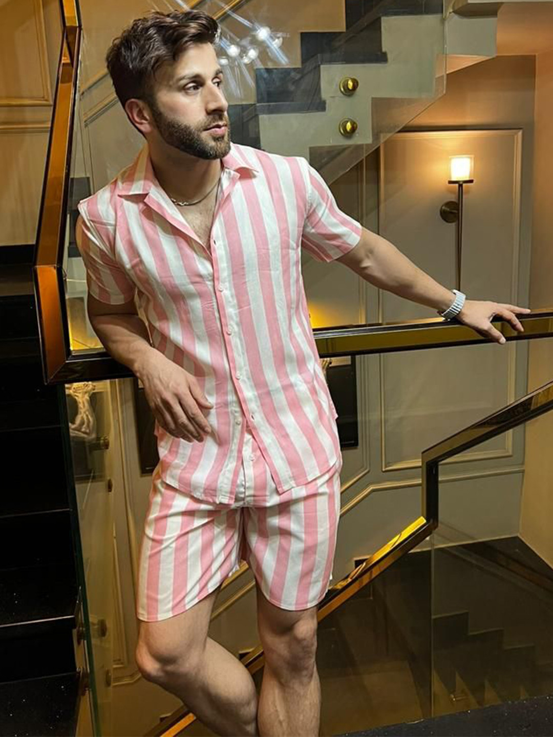 GRITSTONES Men Stripes Pink Co-Ords