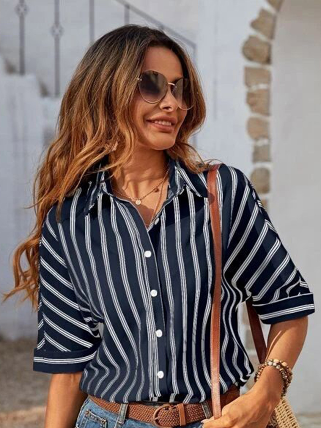 Stylecast X Slyck  Striped Pattern Spread Collar Extended Sleeves Shirt