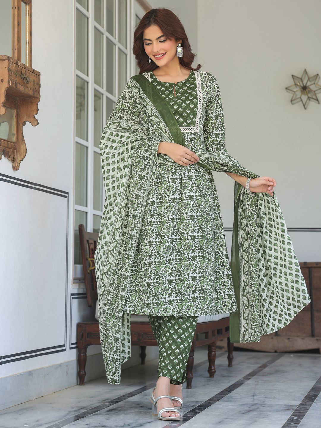Janasya Women's Olive Green Pure Cotton Floral Printed A-line Kurta Set