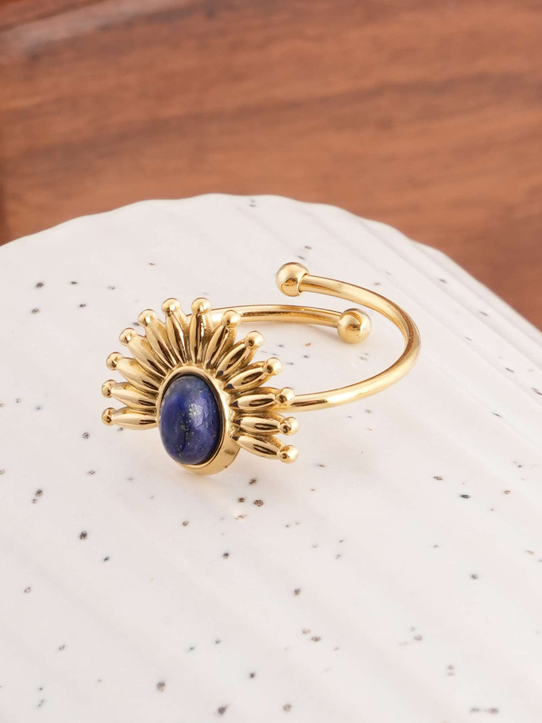 PALMONAS Women Blue Stone Sunburst Ring Adjustable Waterproof & Anti-Tarnish