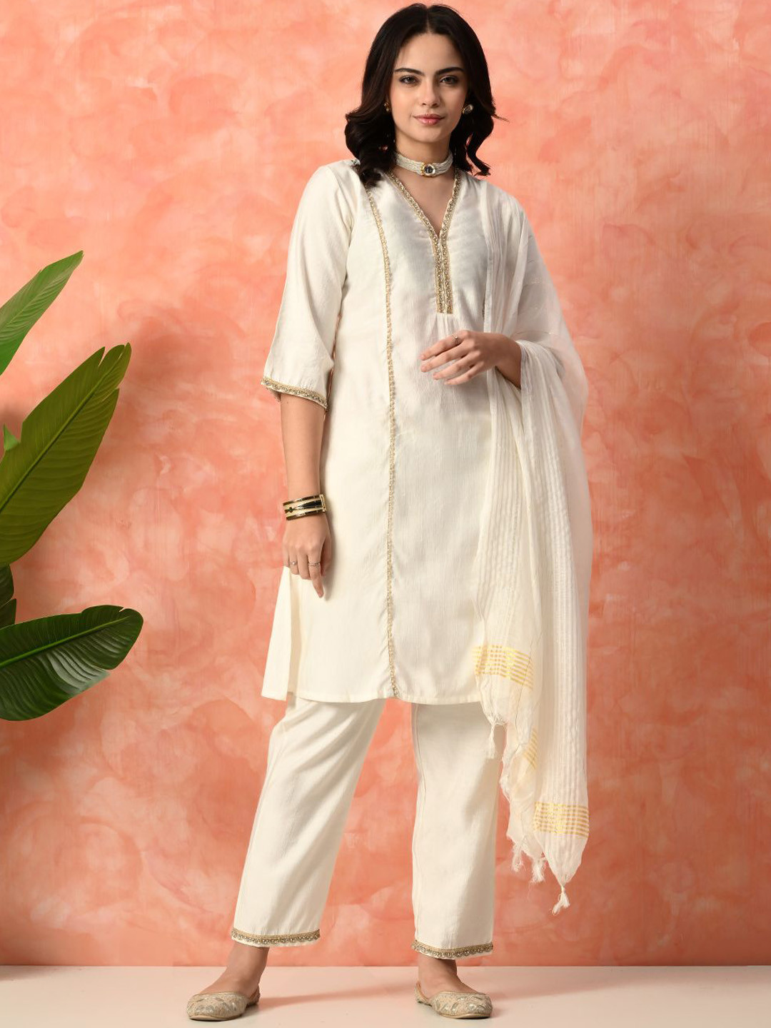 Sangria V-Neck Three-Quarter Sleeves Kurta  With Trousers & Dupa