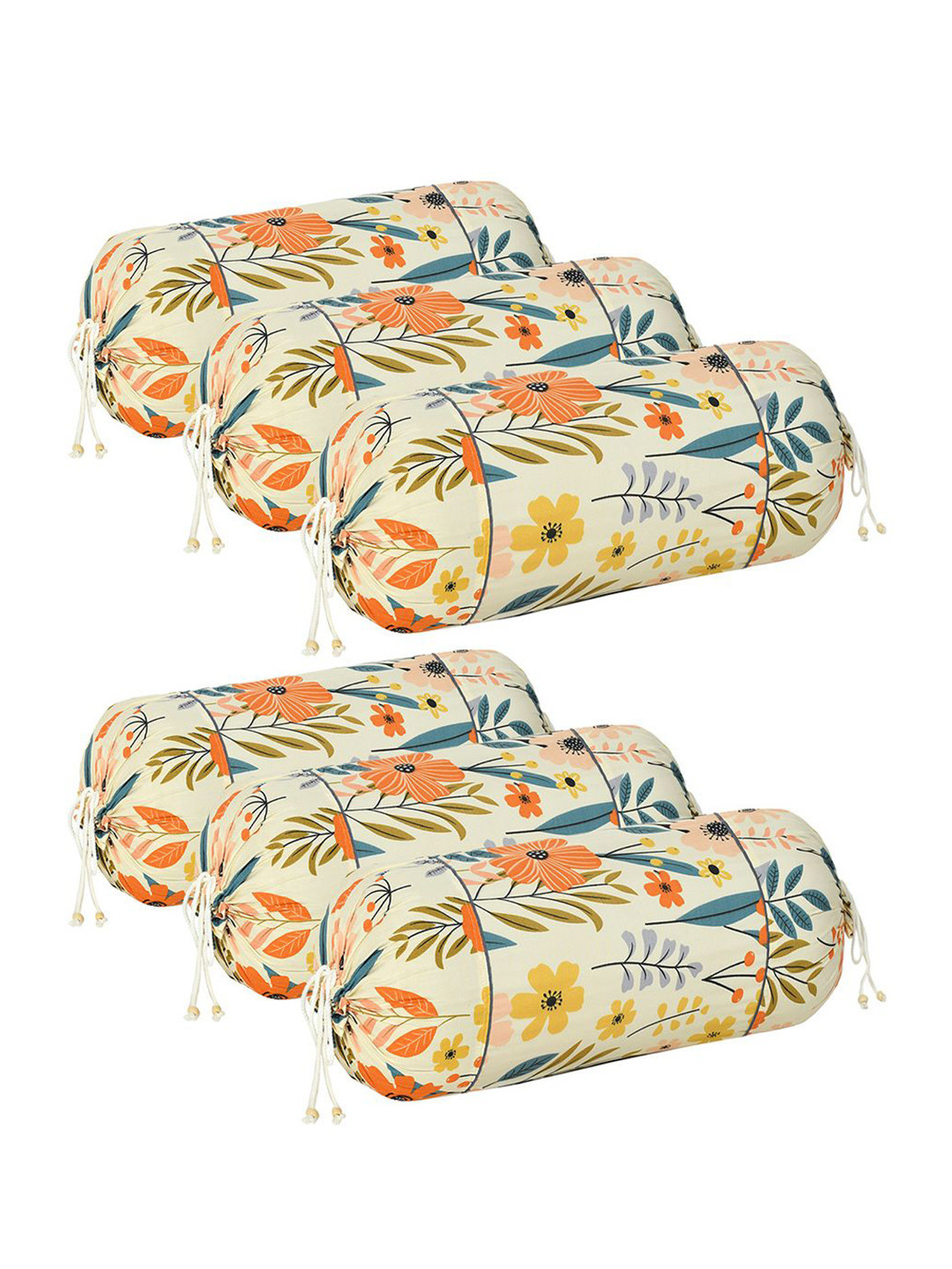 Kuber Industries 6-Pcs Cream-Color Floral Printed Cotton Soft & Luxurious Bolster Covers