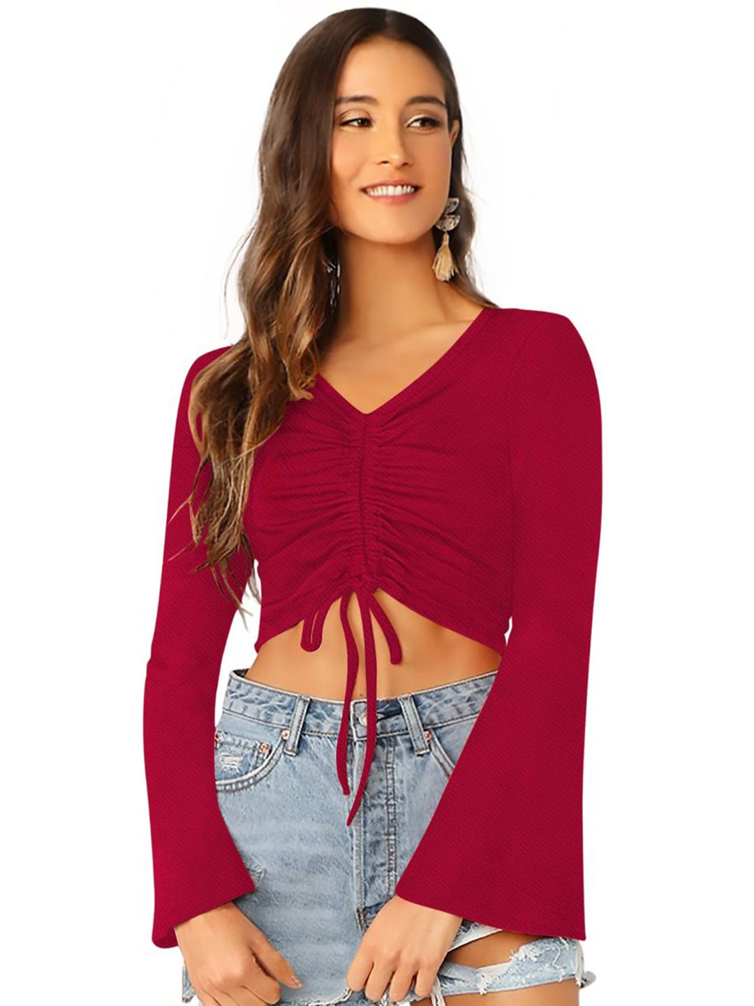 S.K.C V-Neck Batwing Sleeve Crop Top
