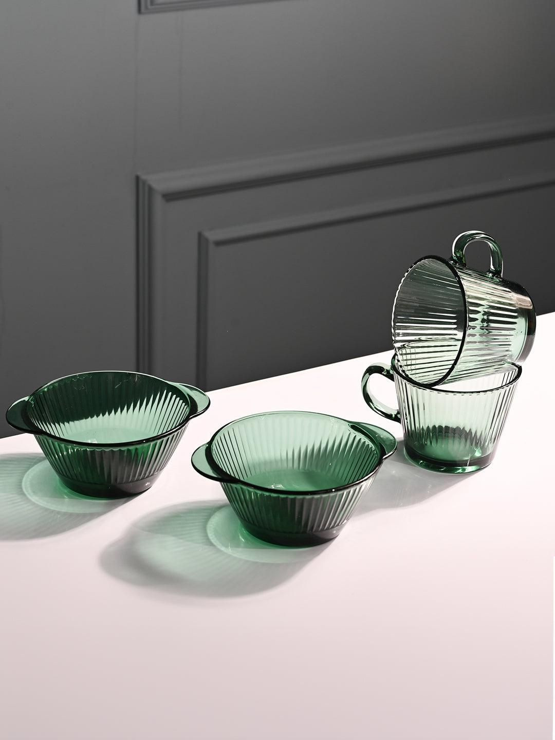 MARKET99 Set of 4 Green Striped Glass Snack Server Sleek & Stylish