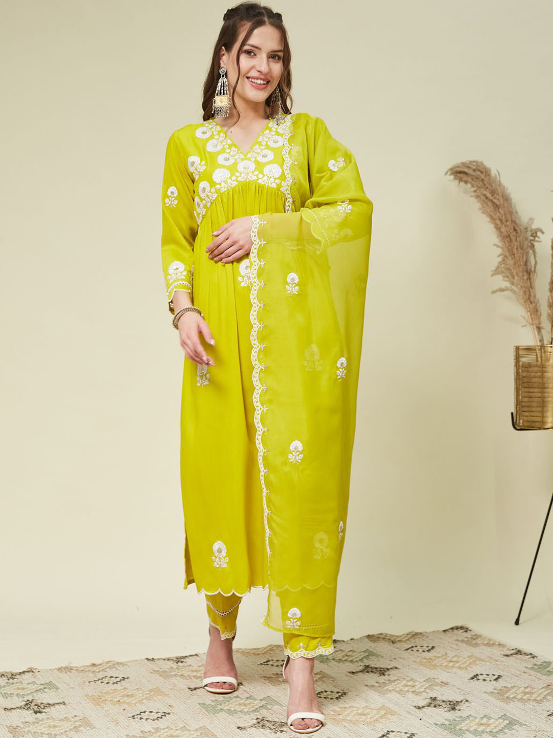 MOKOSH Women Floral Embroidered Alia Cut Kurta With Trouser & Dupatta