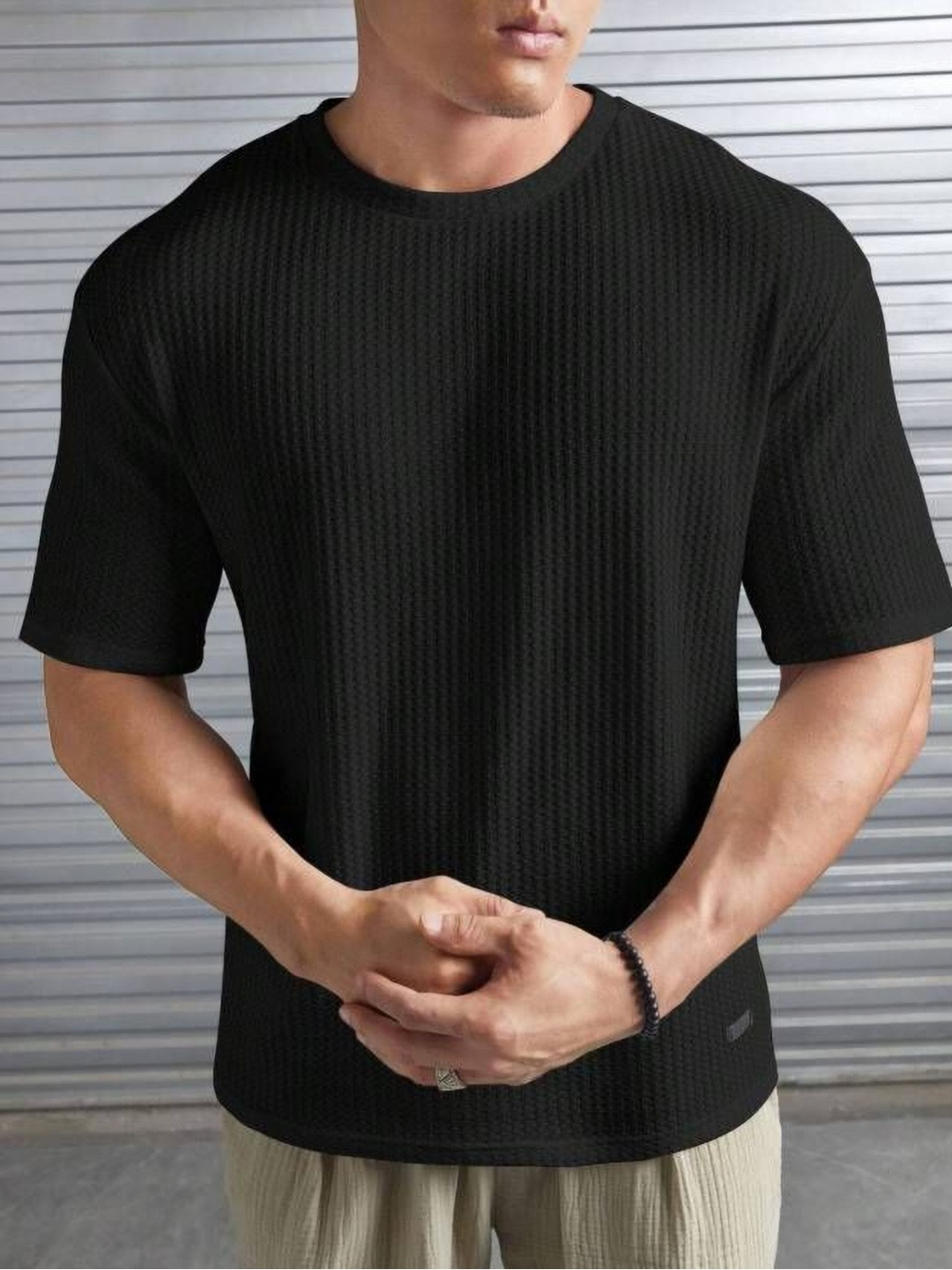 TRYWOLF Men Black Self Design Oversized T-shirt