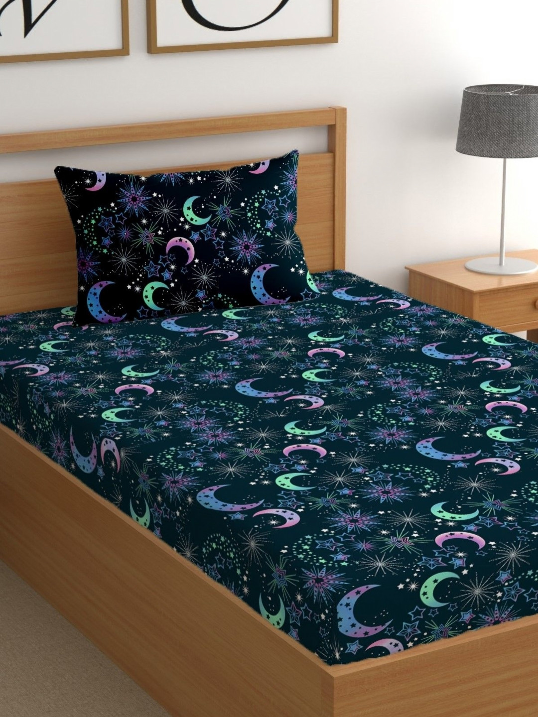 CG HOMES Checks Blue Graphic Cotton 180 TC Fitted Single Fine Bedsheet with a Pillow Cover-85 x 59 inches