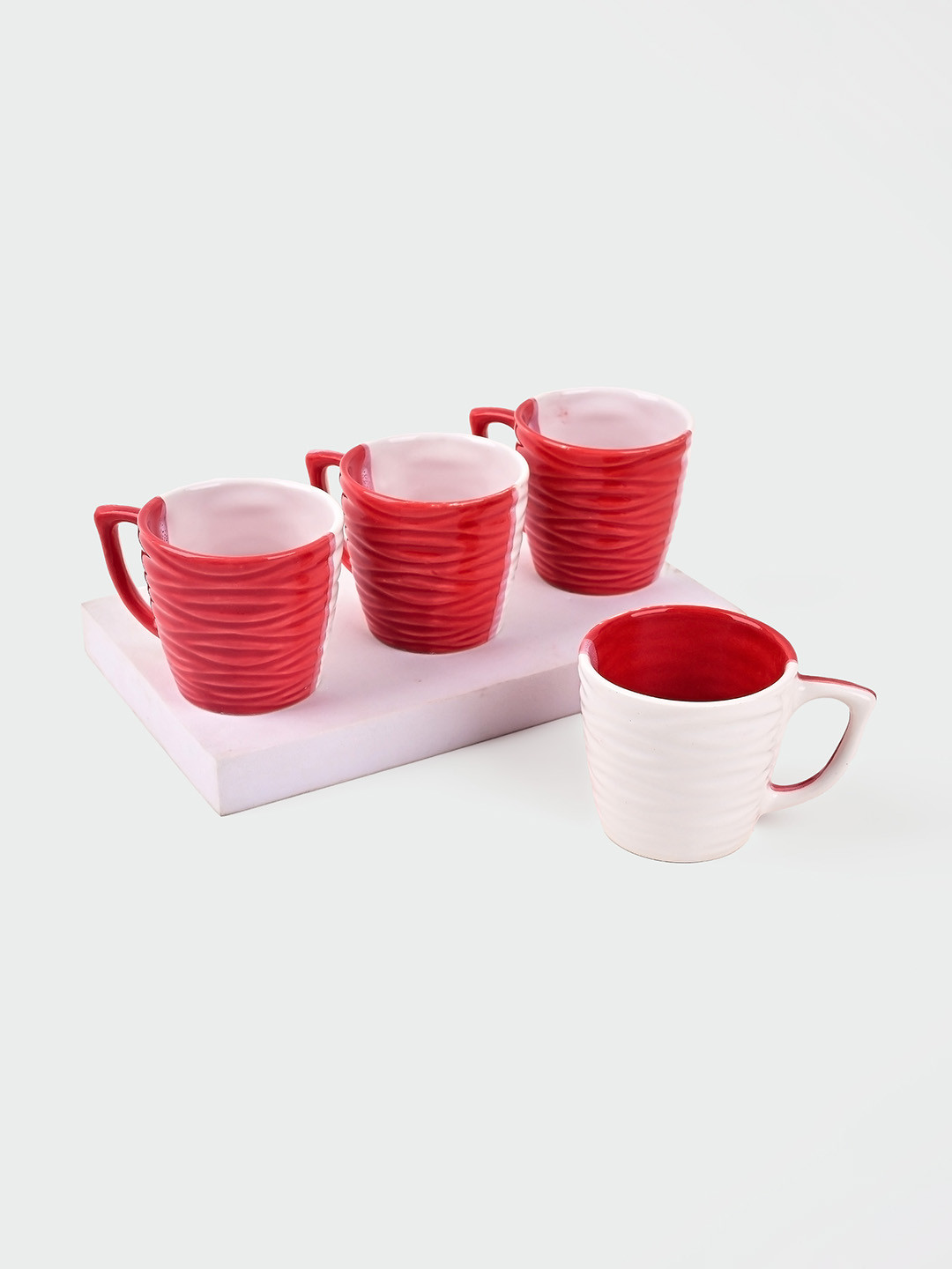 Storepedia Terra Maroon Striped Ceramic Handmade 4 Piece Cups-150ml