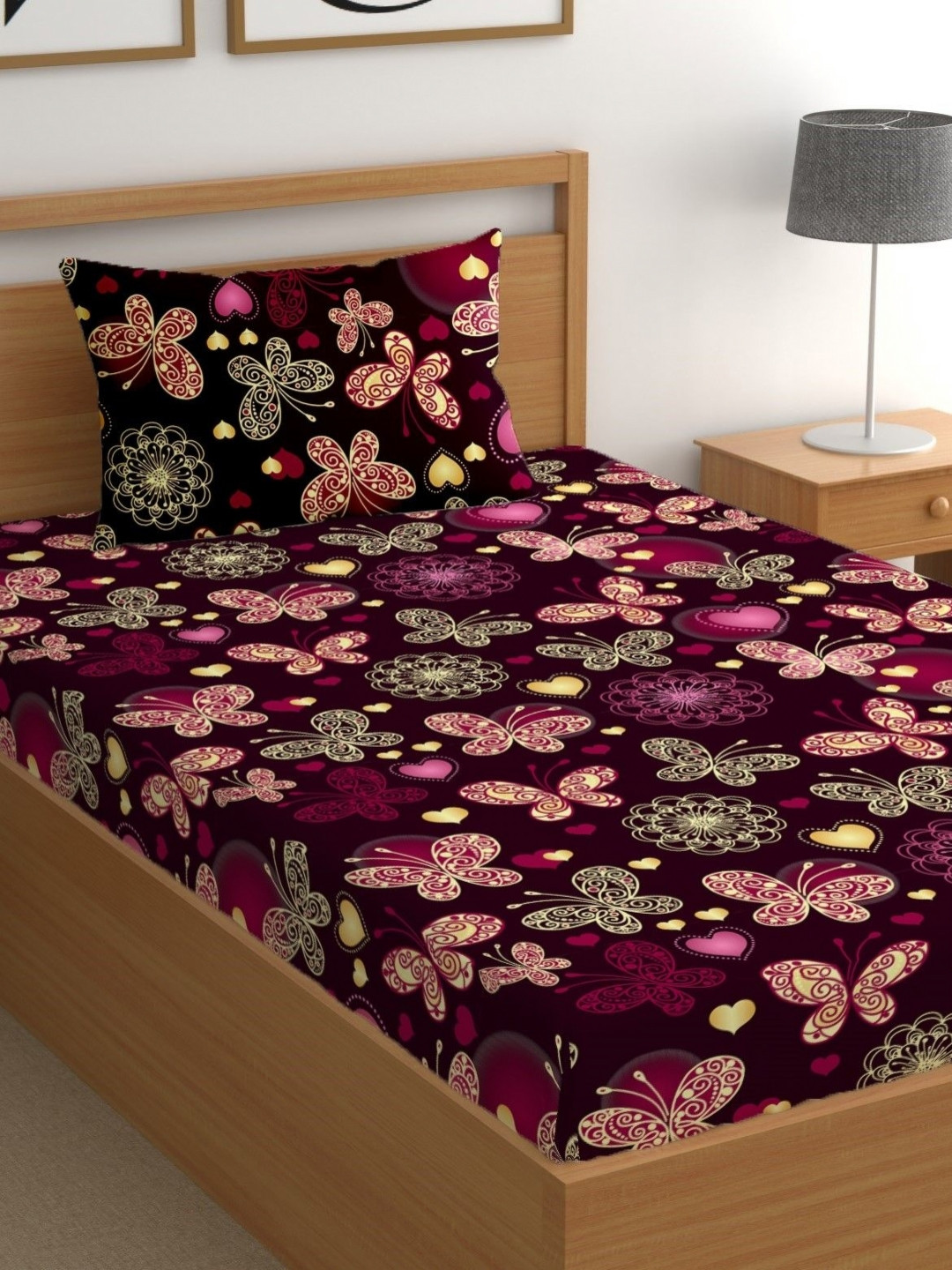 CG HOMES Purple Graphic Pure Cotton 180 TC Fitted Single Fine Bedsheet with a Pillow Cover-85 x 59 inches