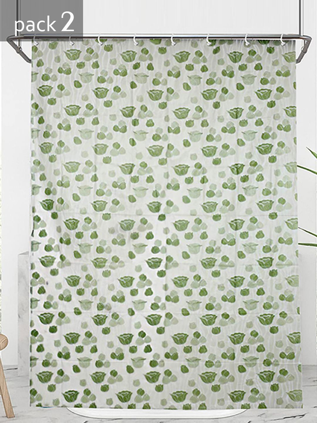 Kuber Industries 2-Pcs Green Flower Printed  Shower Curtains